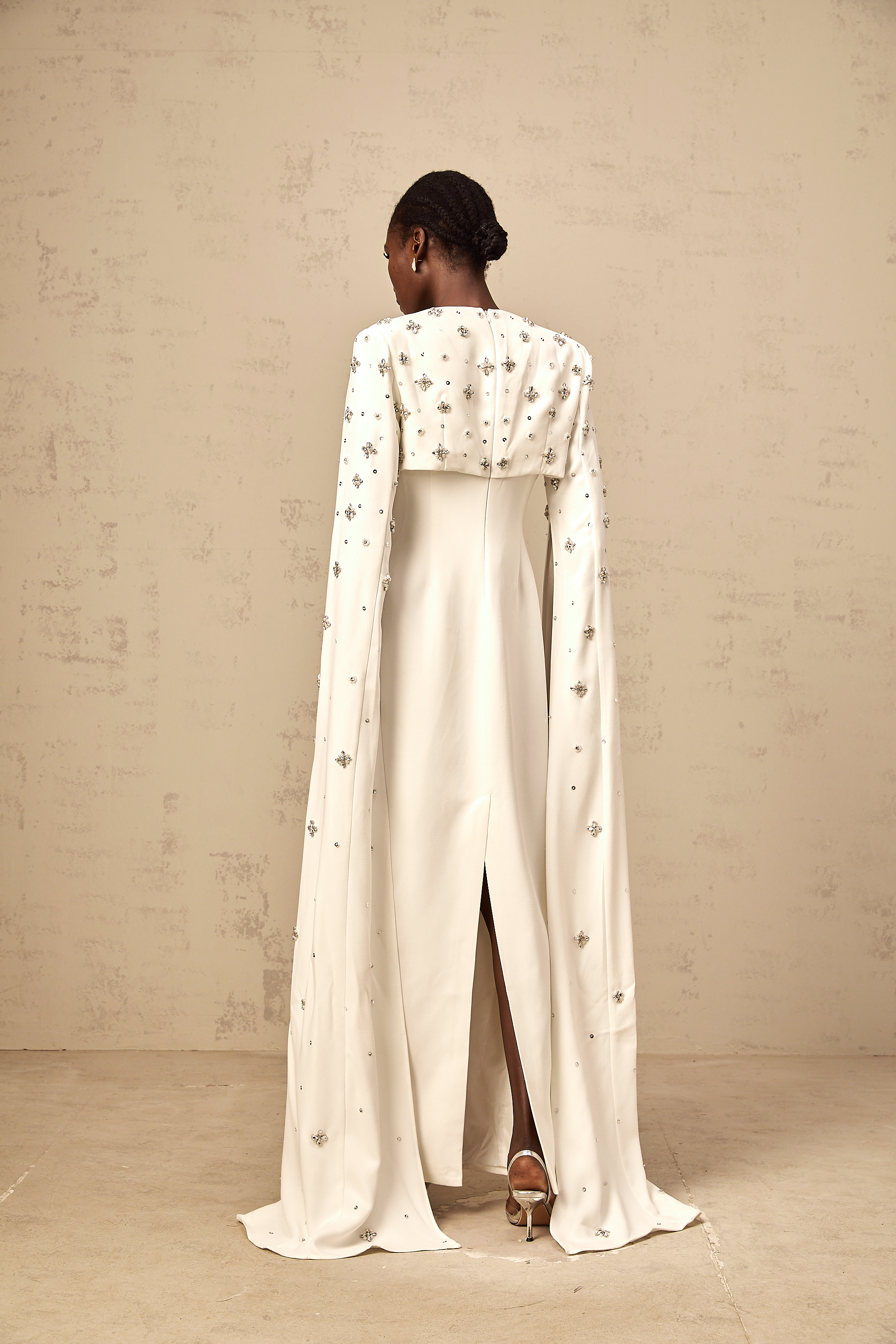 Fanny White Extra-long-sleeve Embellished Gown