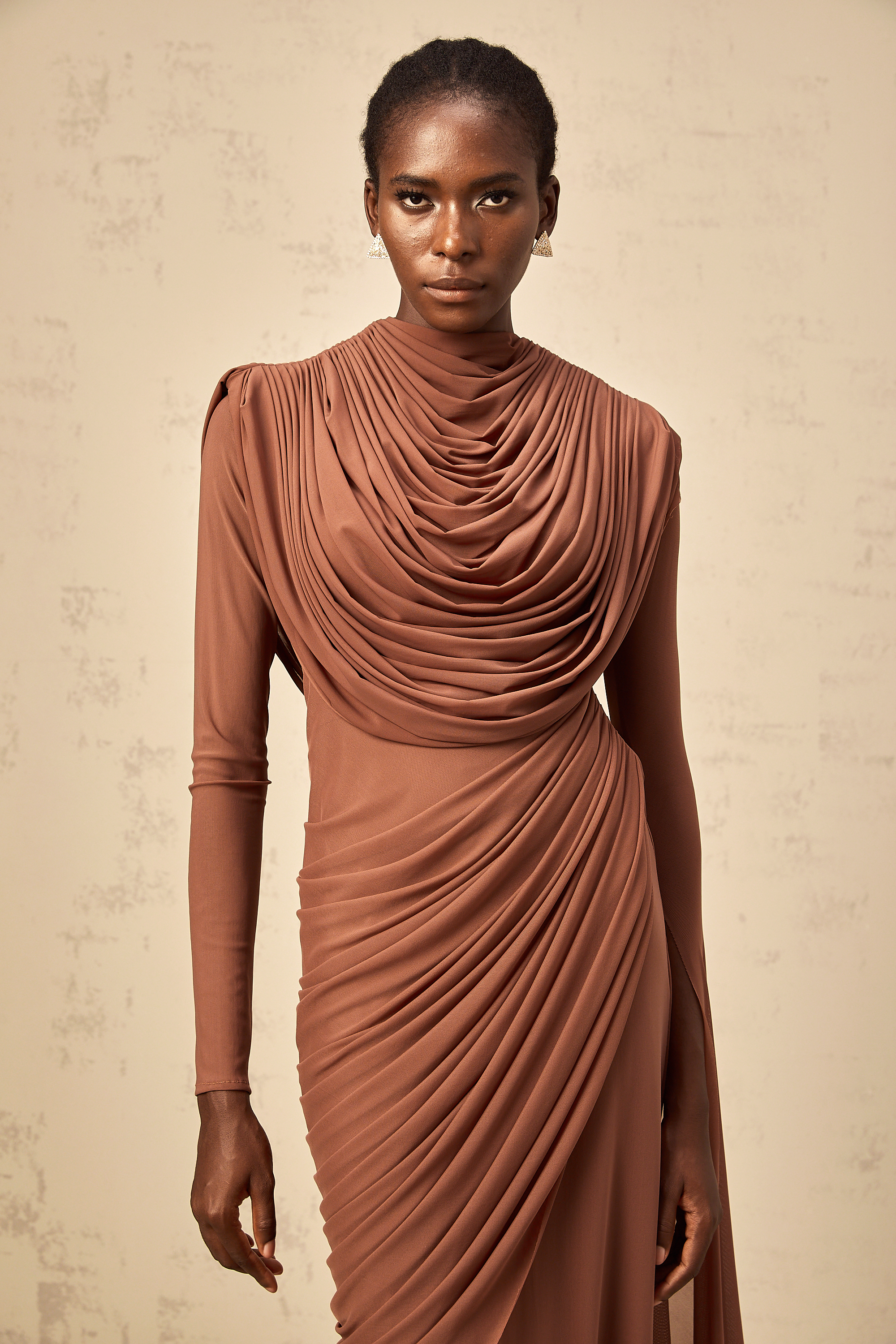 Danaé Brown Shirred-effect Draped Maxi Dress