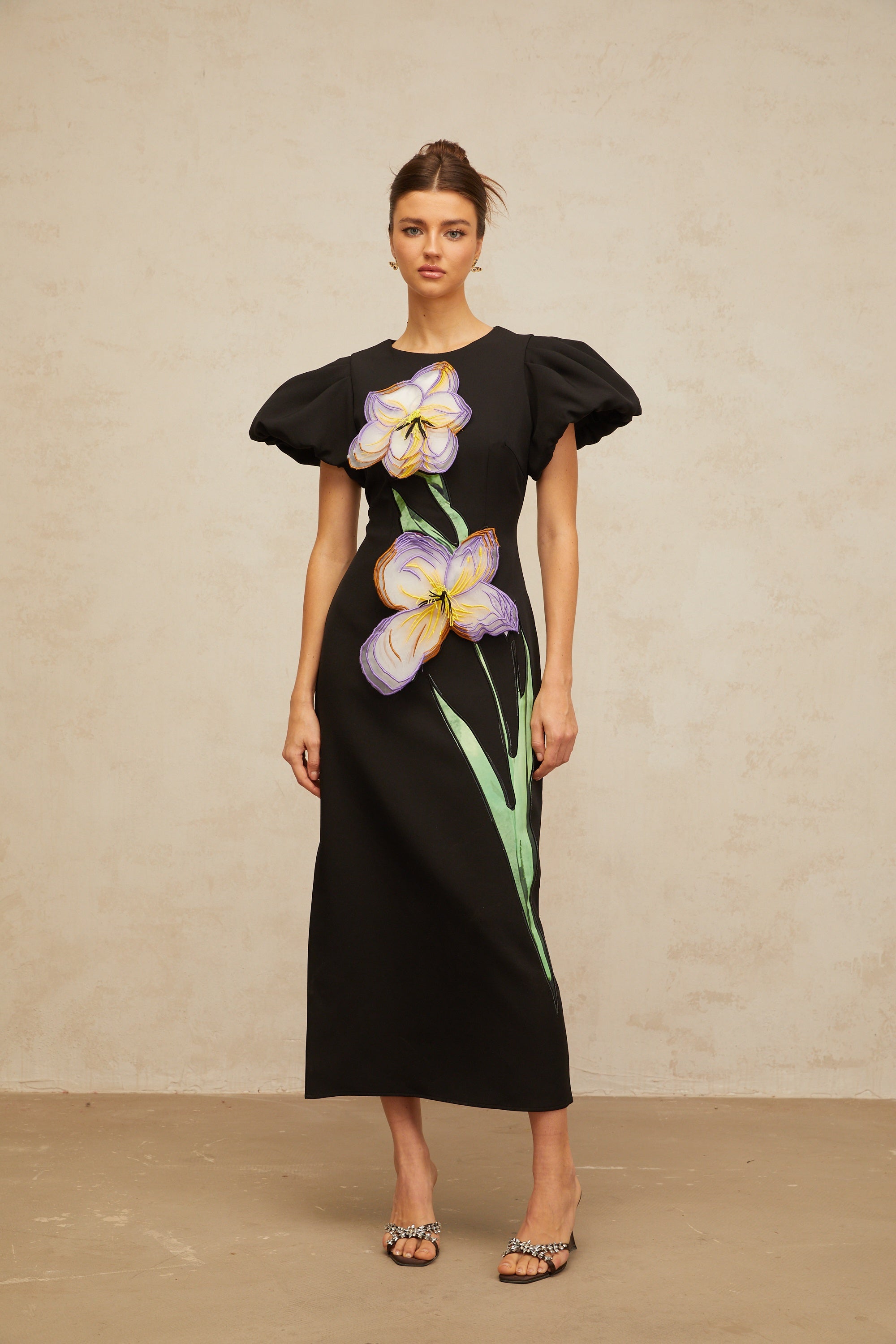 Irène sequined floral-embroidered midi dress in Black