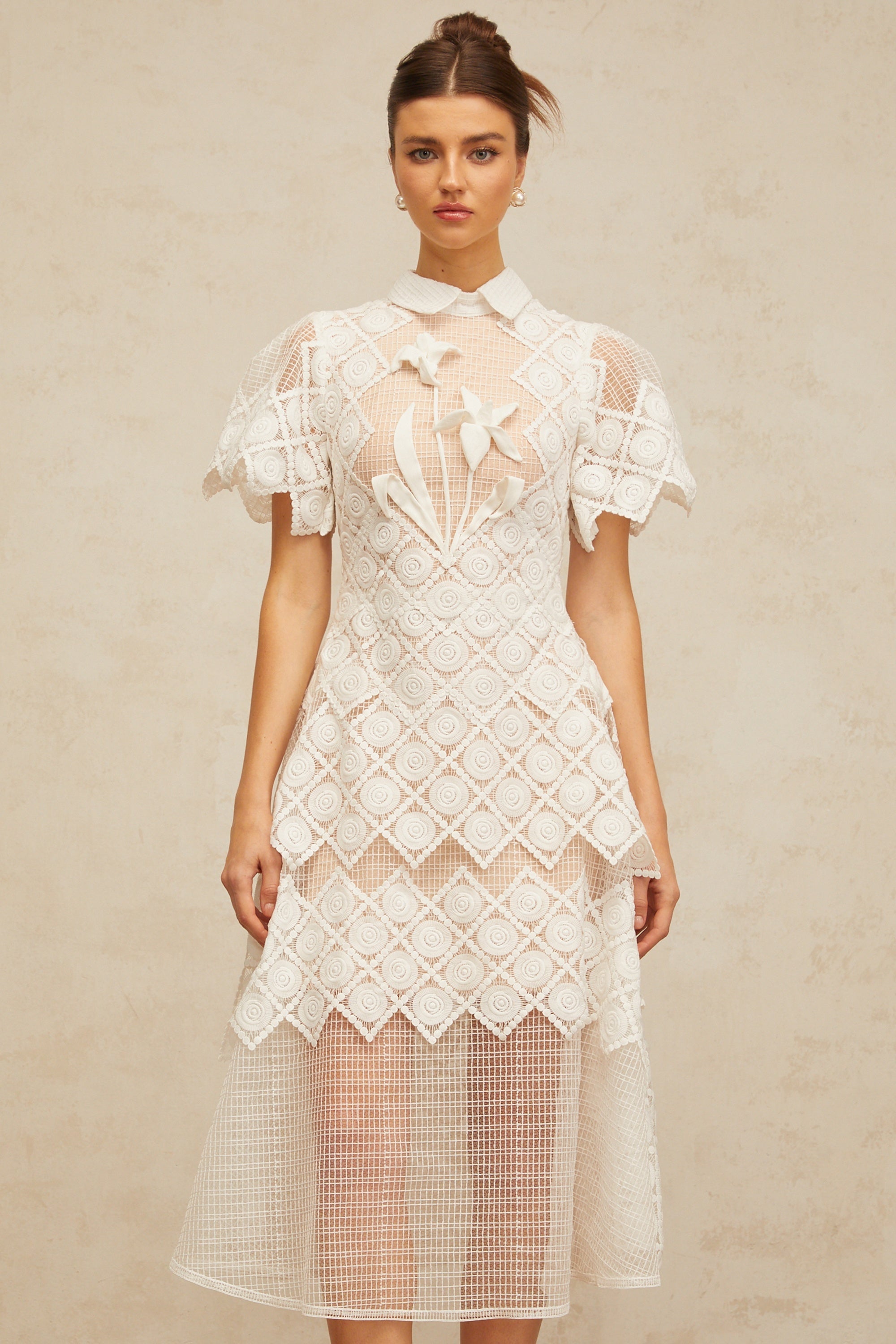 Yasmine White Floral-embroidered Midi Dress