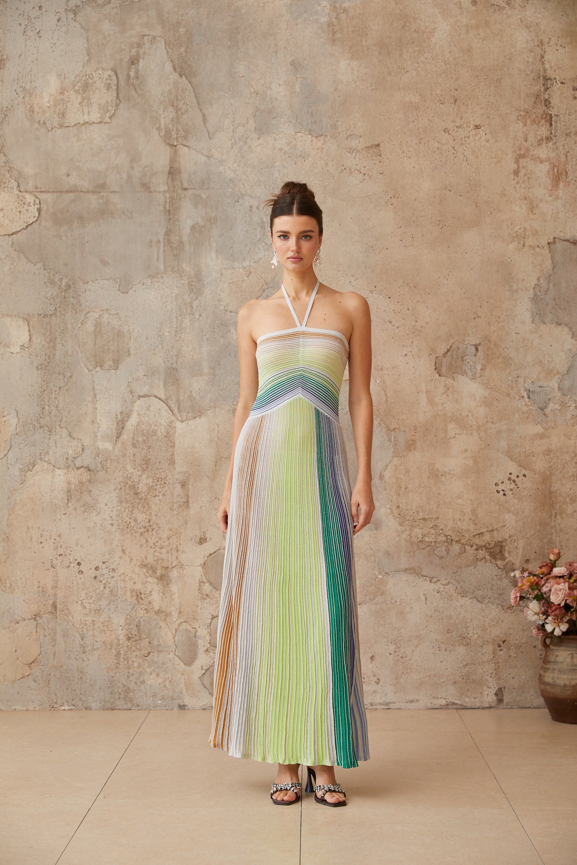 Serelith Metallic Knit Backless Maxi Dress