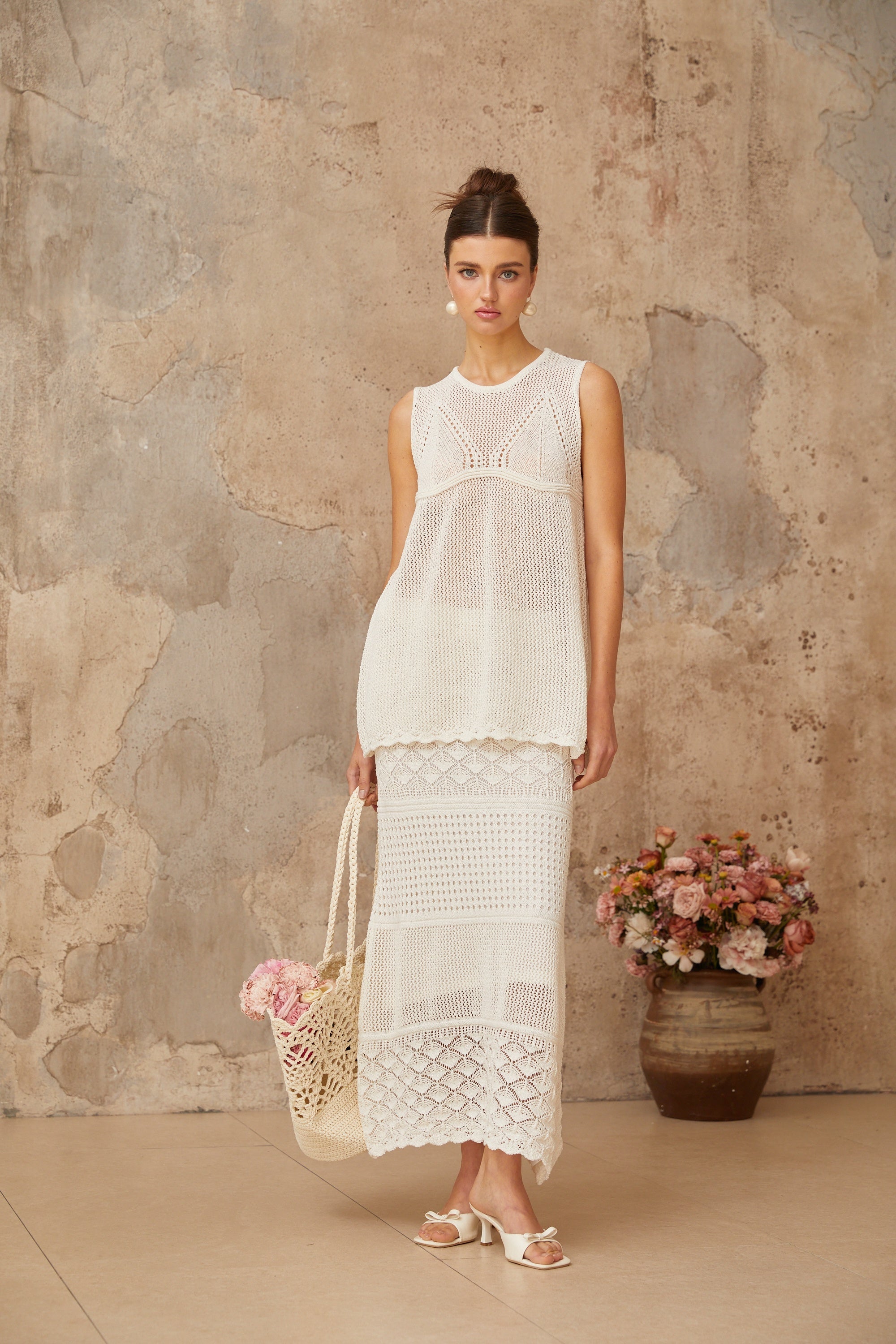 Irène White Cutout Crochet Knit Two-Piece Top and Skirt