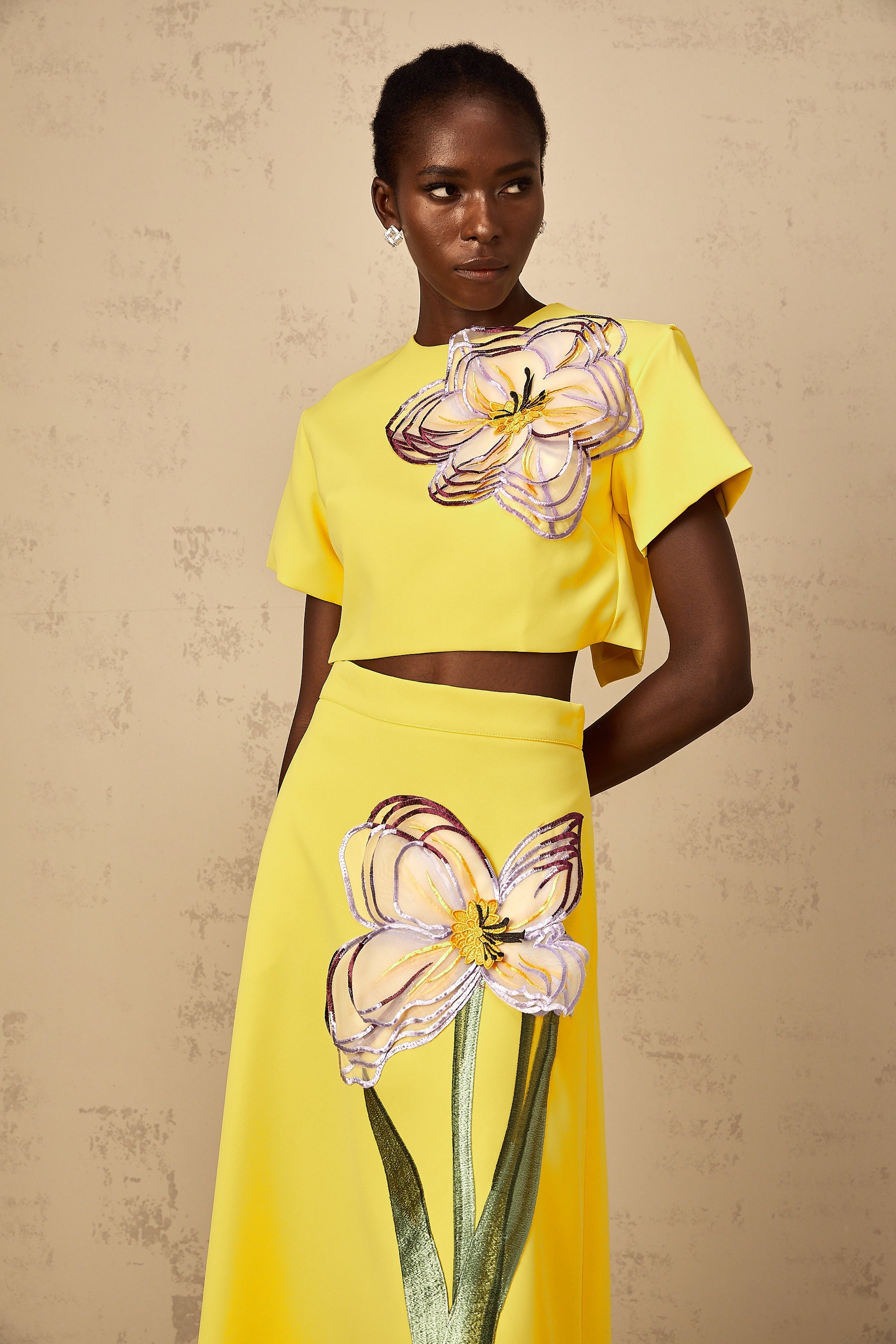 Irène Yellow Sequin Floral Embroidered Matching Set