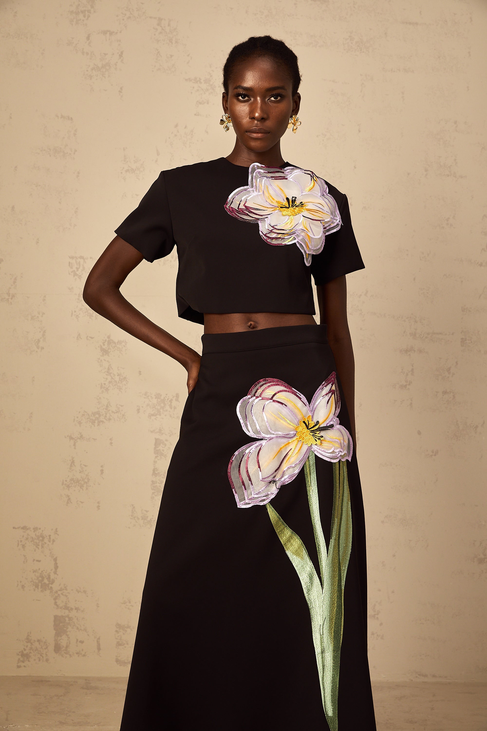 Irène Black Sequin Floral Embroidered Matching Set