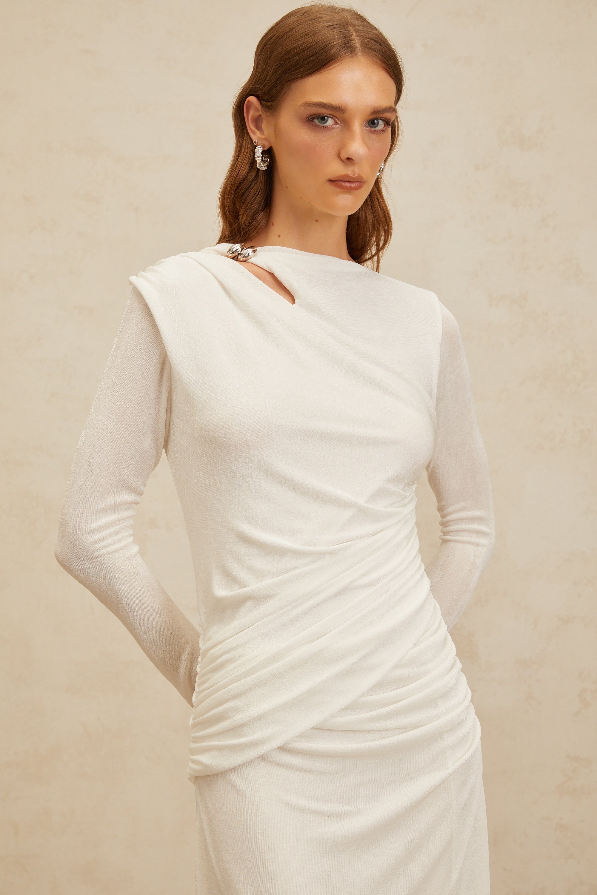 Daneysha White Ruched Maxi Gown
