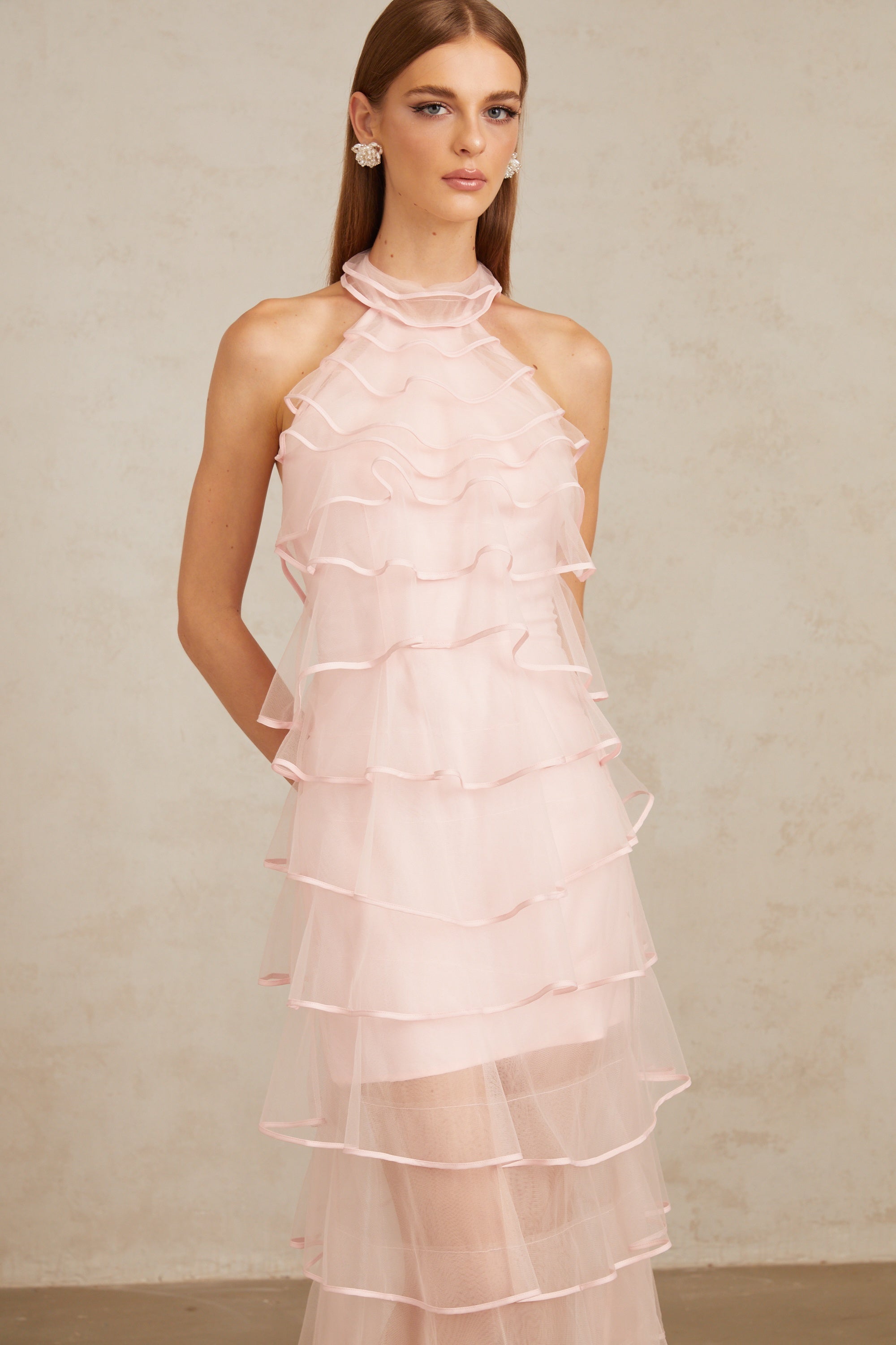 Nonchalante Pink Tiered Halterneck Maxi Dress