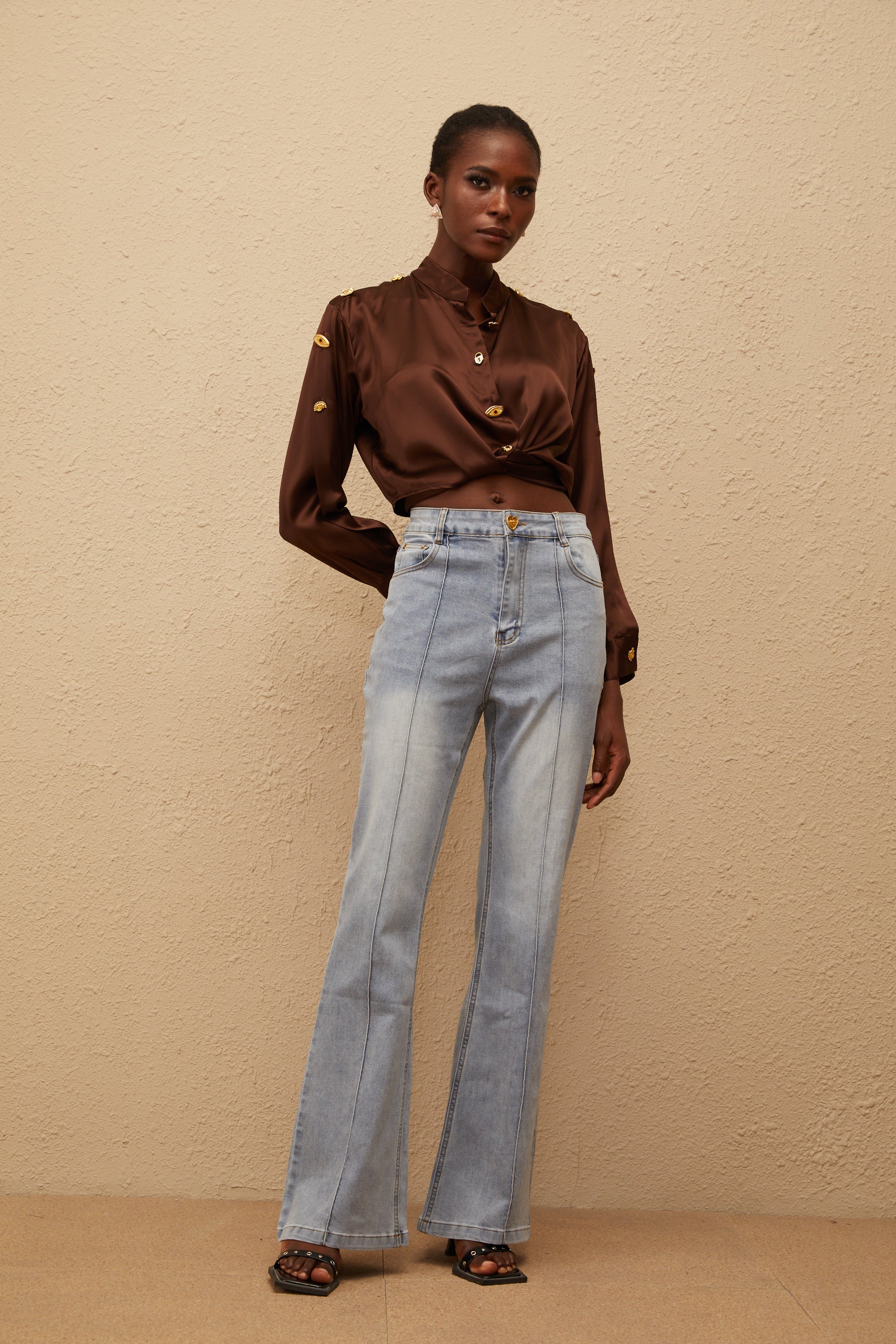 Josette Brown Satin Crop Shirt with Tie Detail