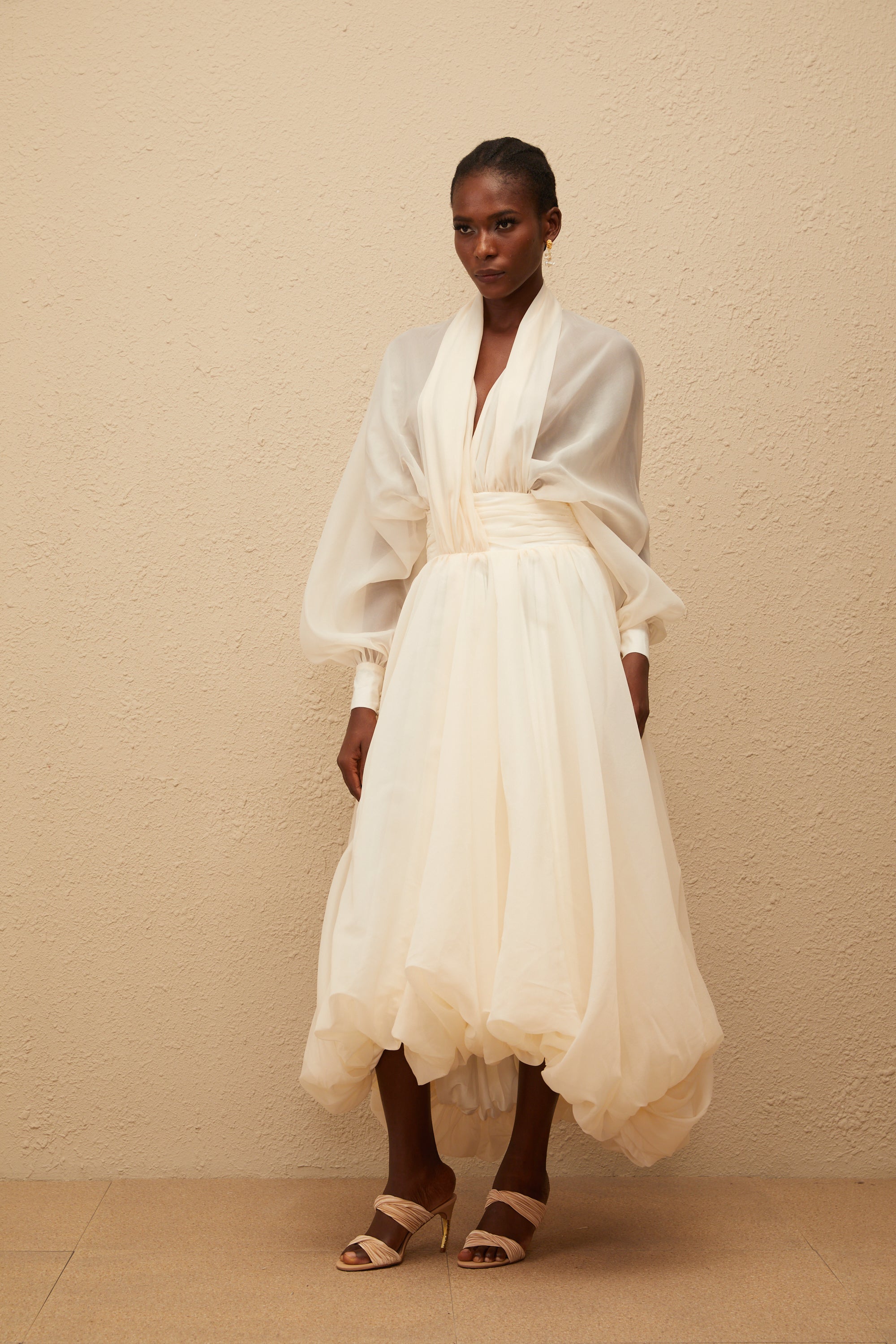 Riley Cream White Draped Tulle Maxi Dress