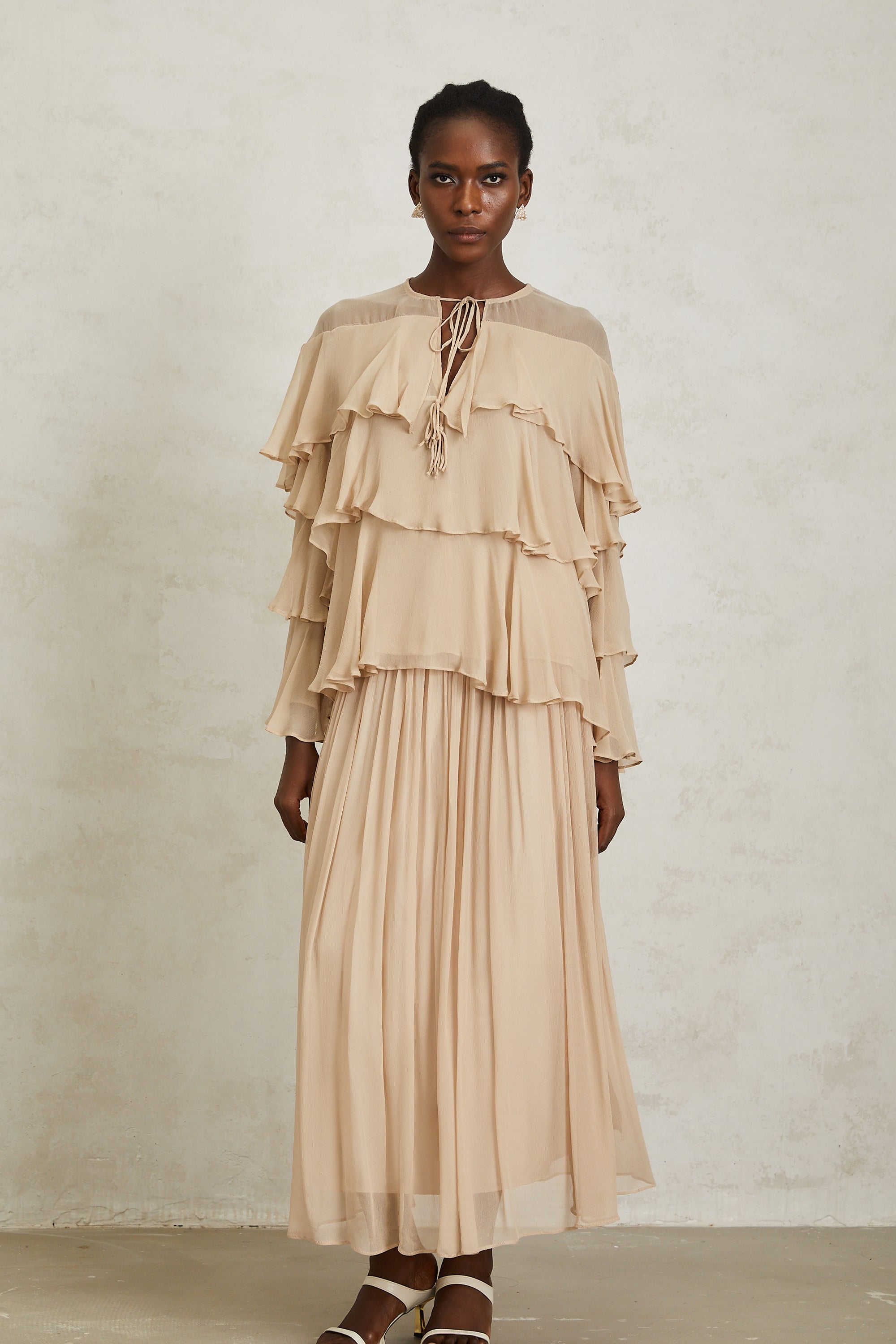 Brigitte Neutral Layered Chiffon Blouse & Skirt Set