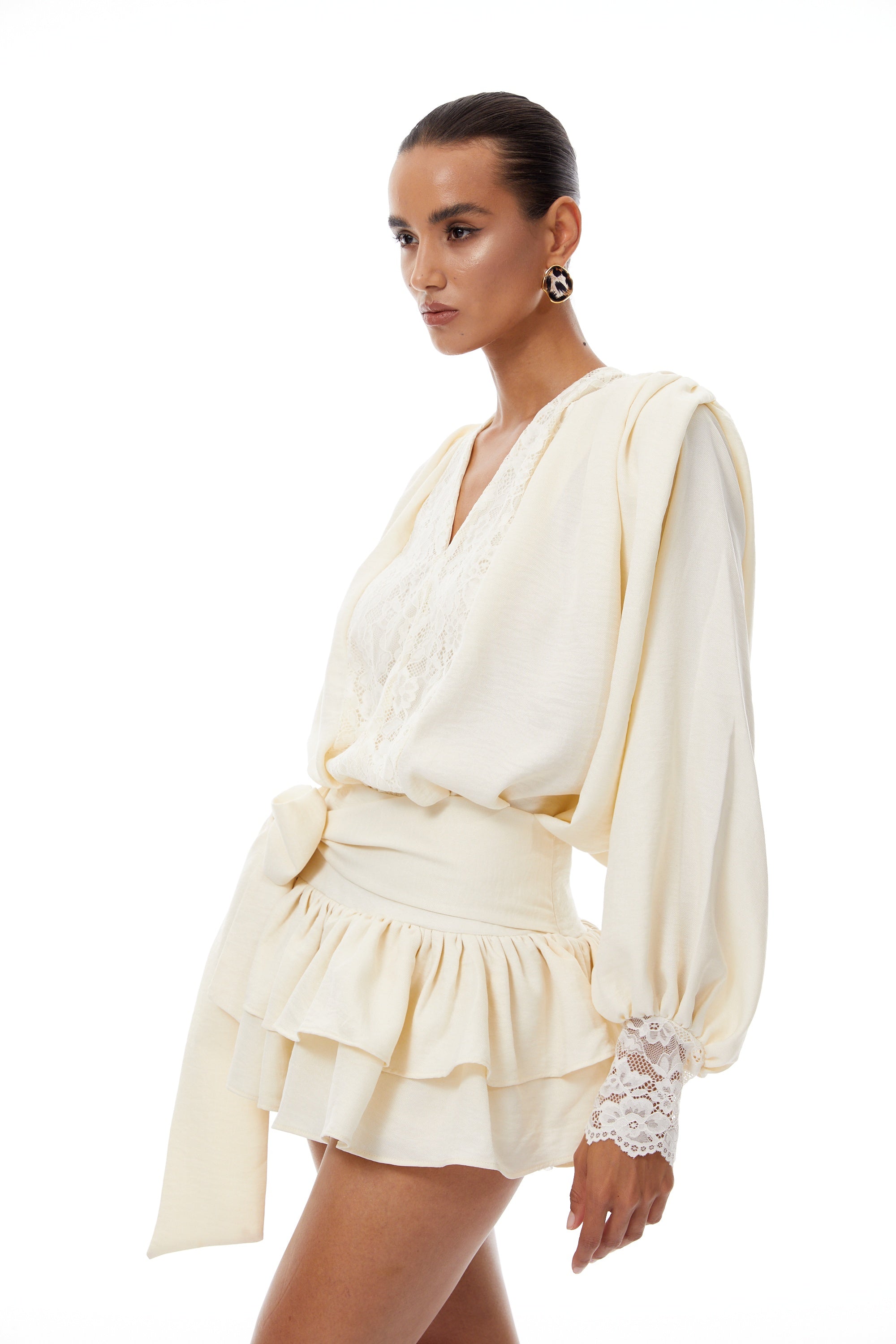 Victoire Neutral Lace Panel Mini Dress