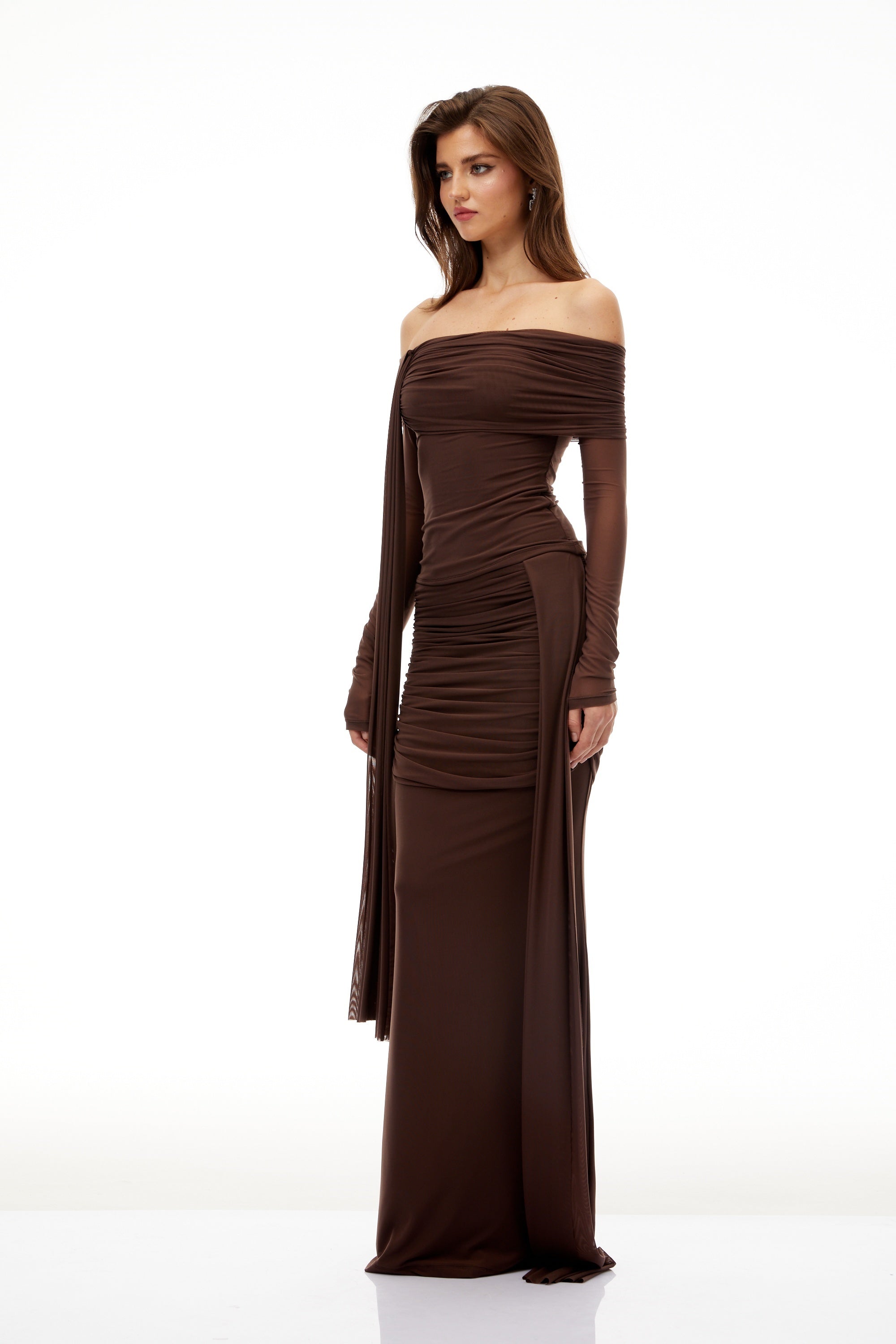 Hyacinthe Brown Asymmetrical Ruched Top & Skirt Set