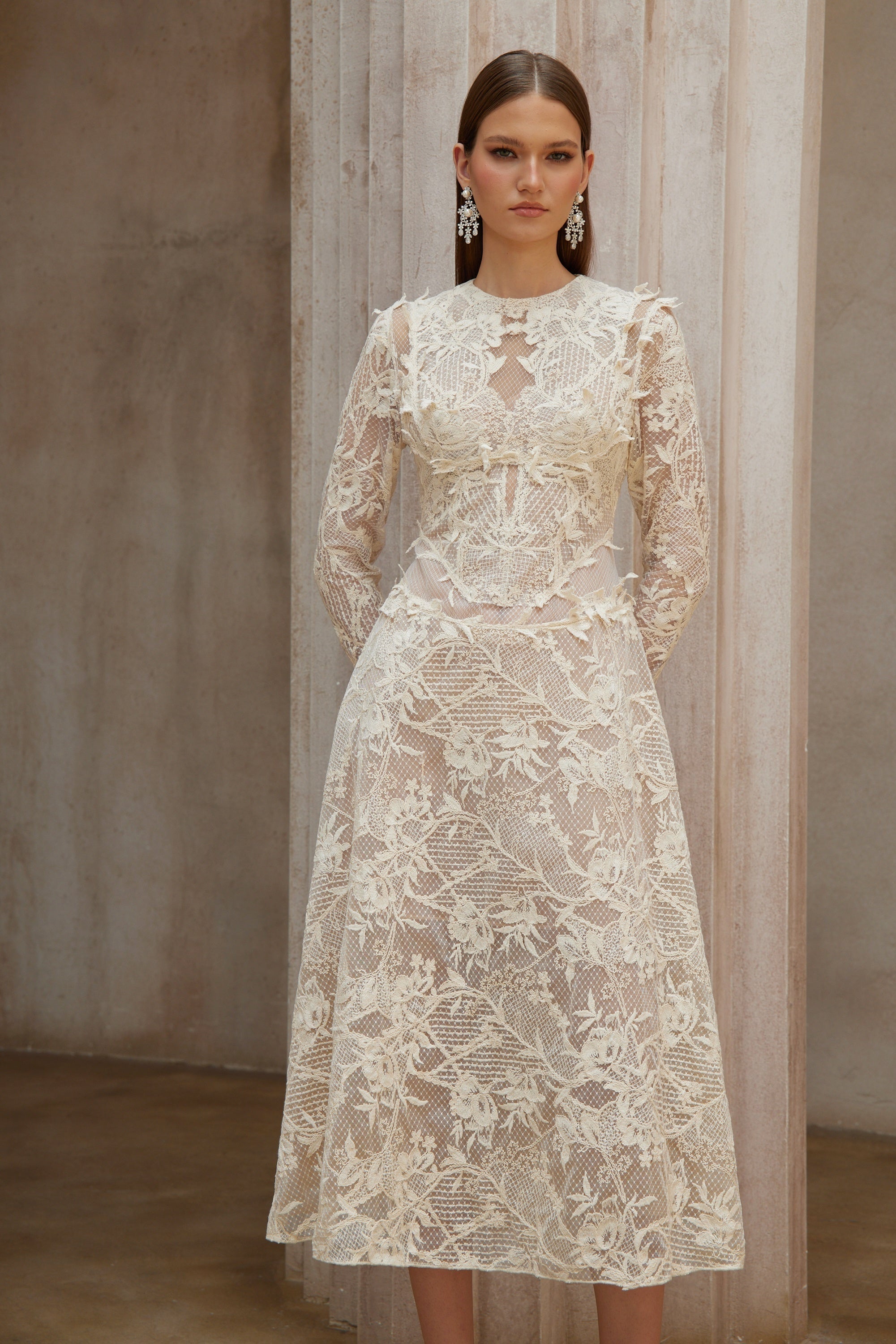 Amber White Long Sleeve Floral Lace Midi Dress