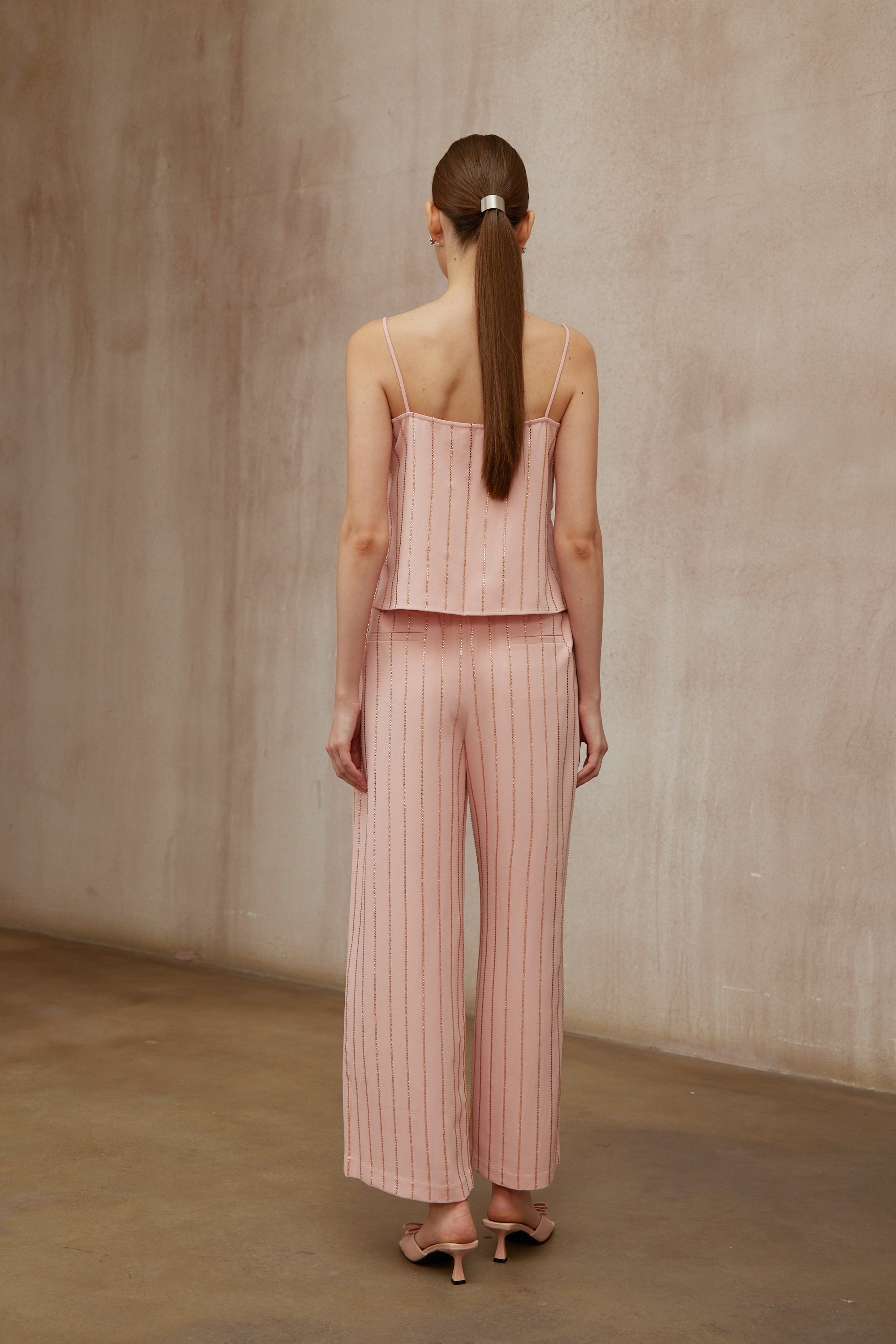 Quincie Pink Rhinestone Striped Top & Trousers Set