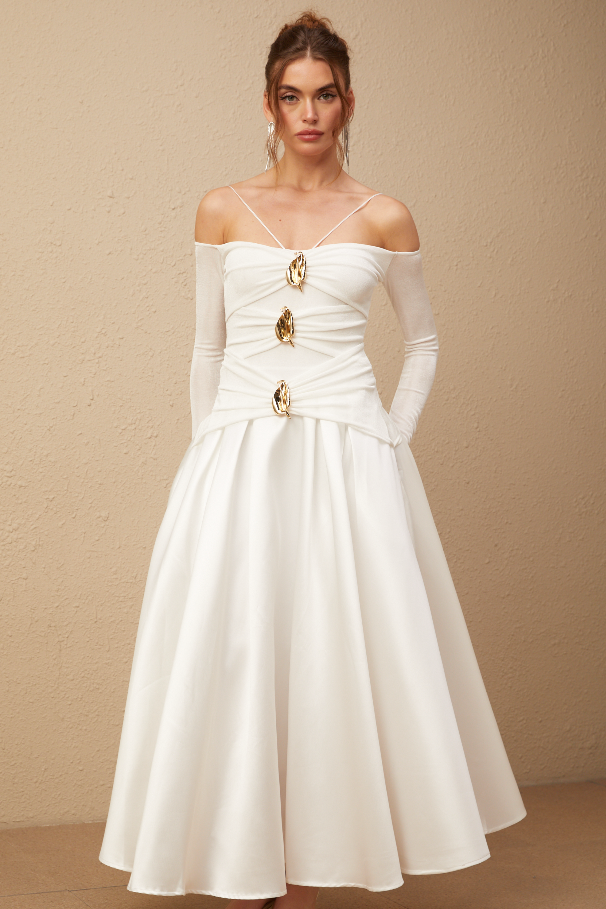Nadine off-shoulder panelled maxi dress in White