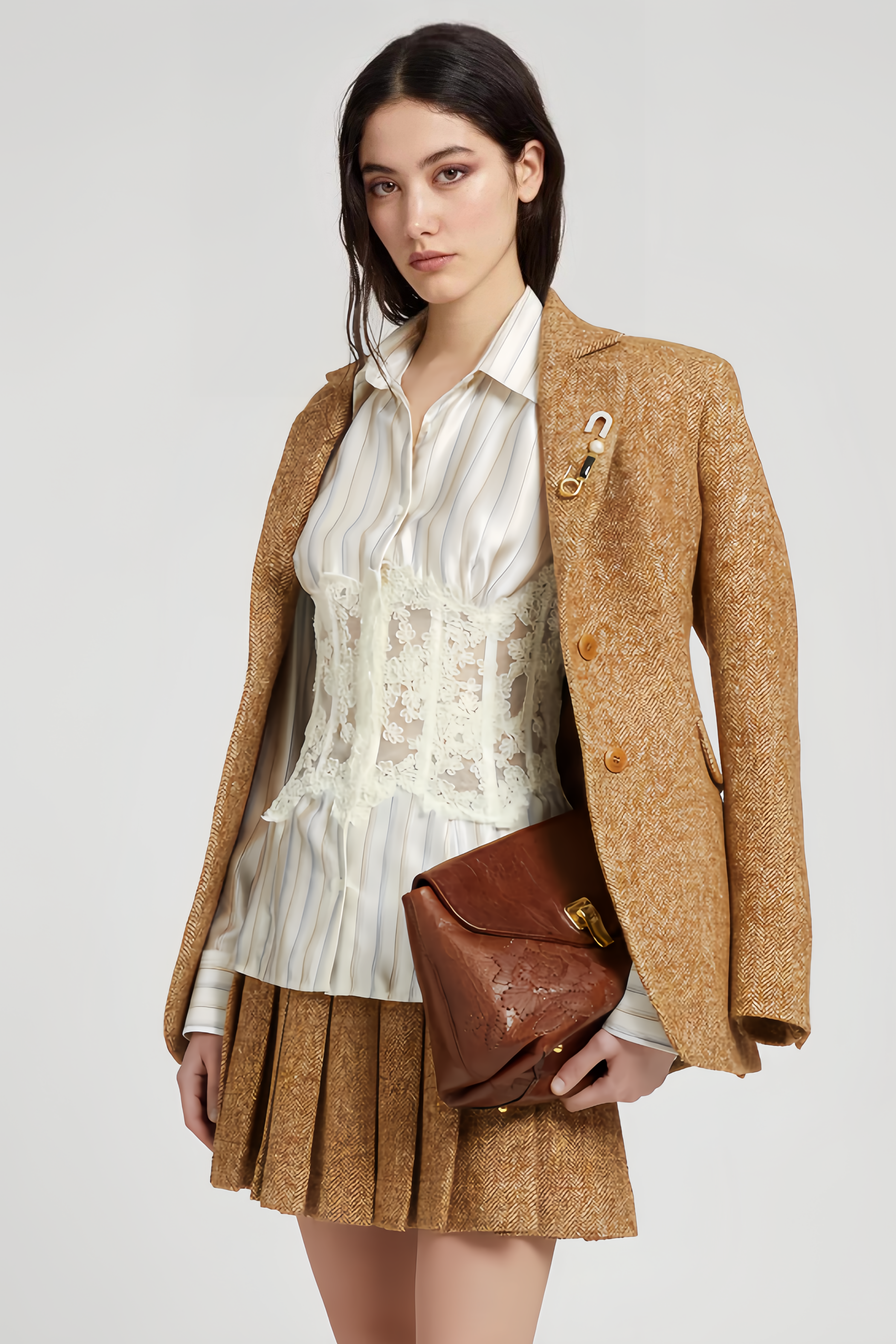 Wren White Lace Corset Panel Striped Button-Up Shirt