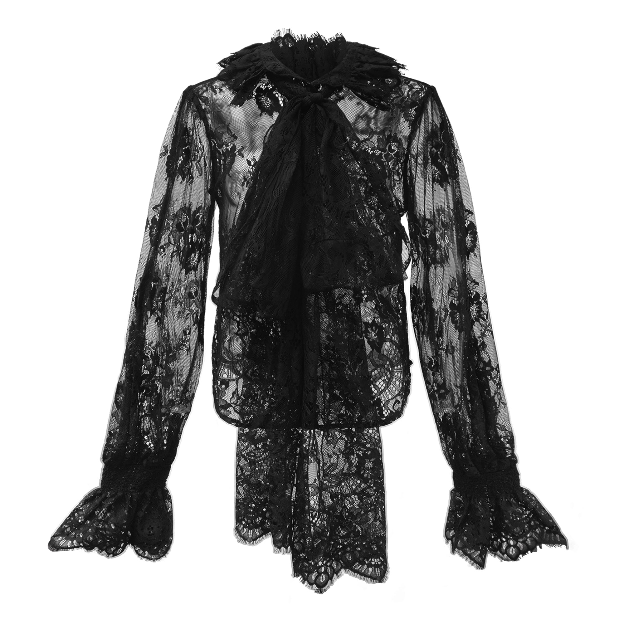 Quintine Black Ribbon Tie-Neck Floral Lace Blouse