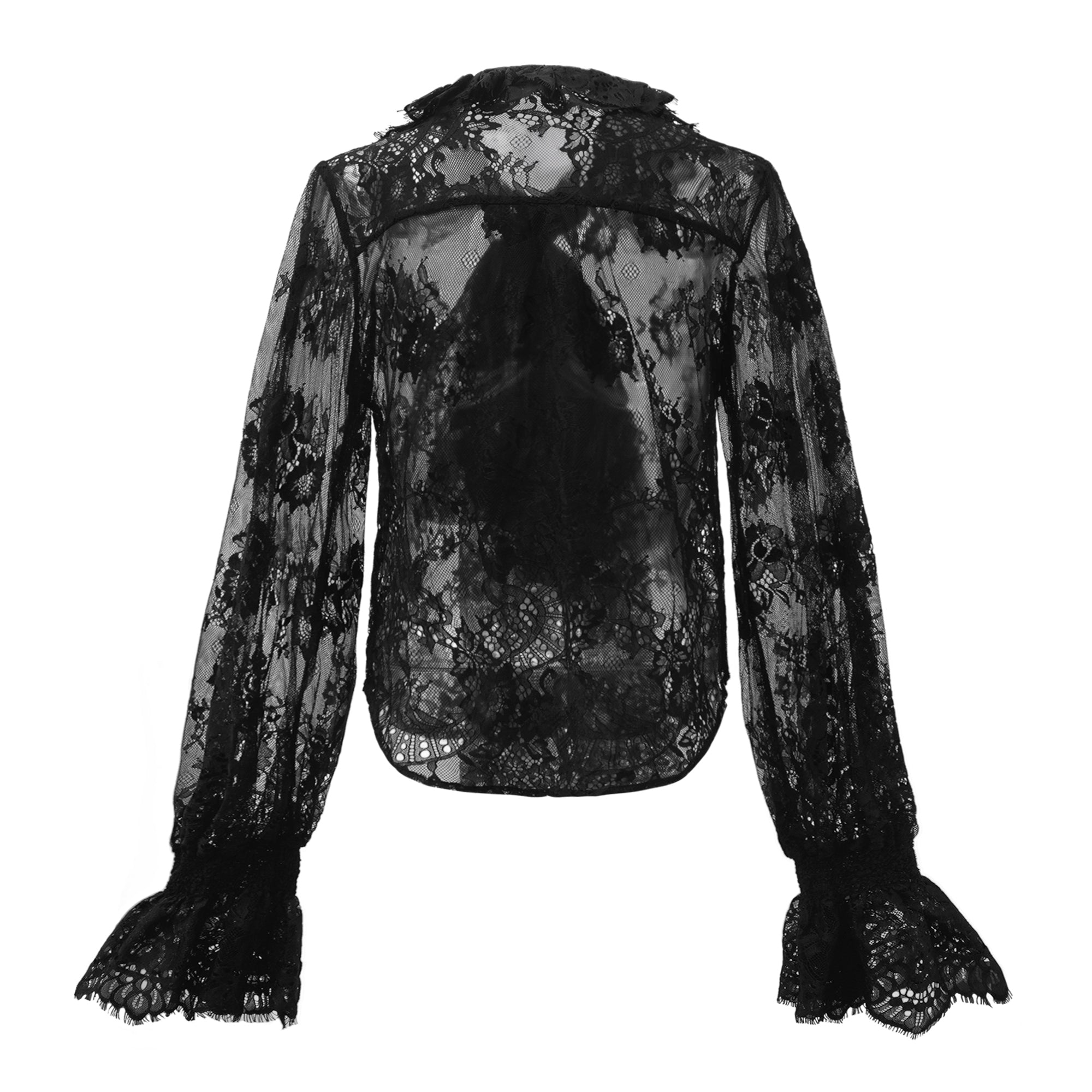 Quintine Black Ribbon Tie-Neck Floral Lace Blouse