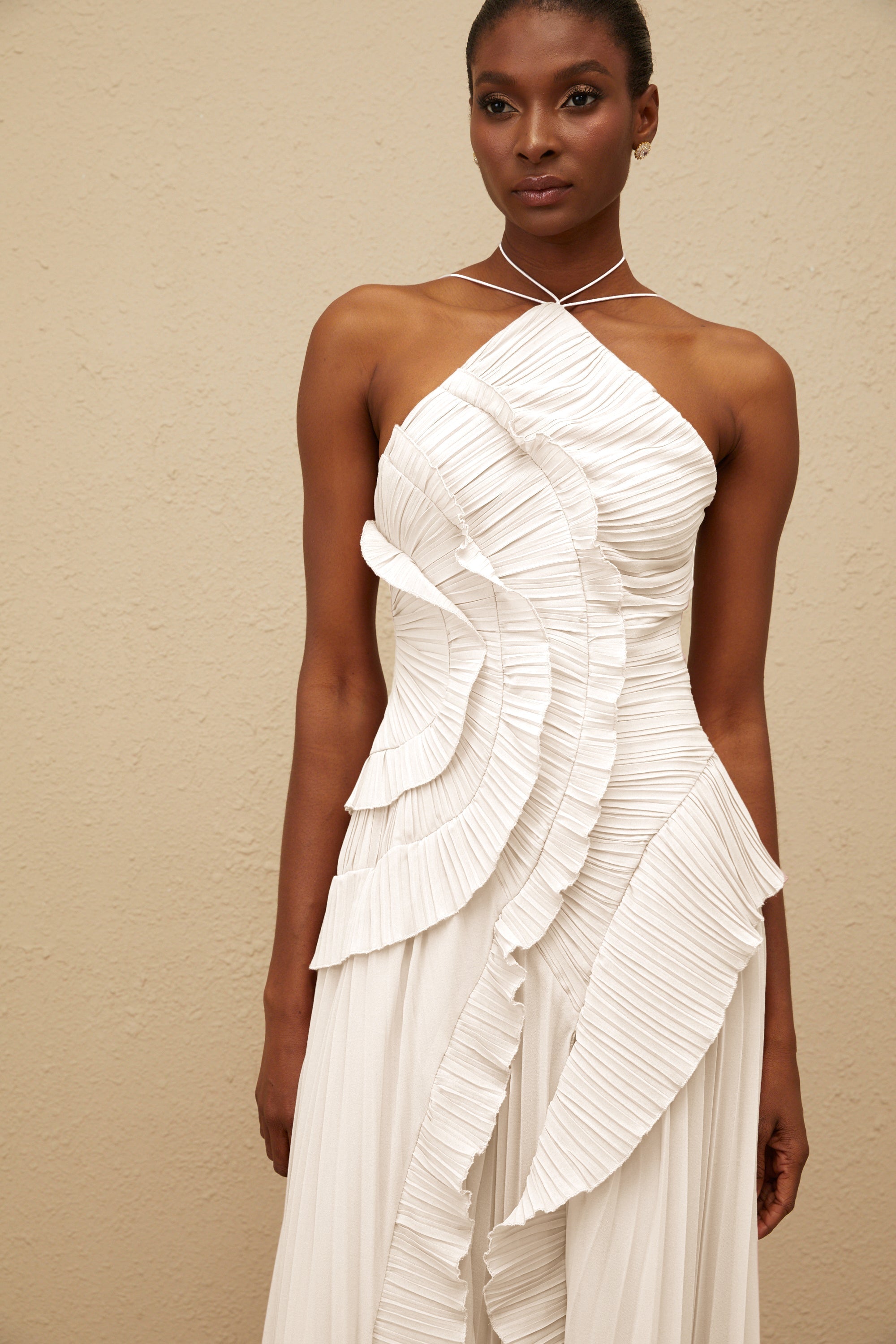 Doux White Ruffled Trim Pleated Midi Dress