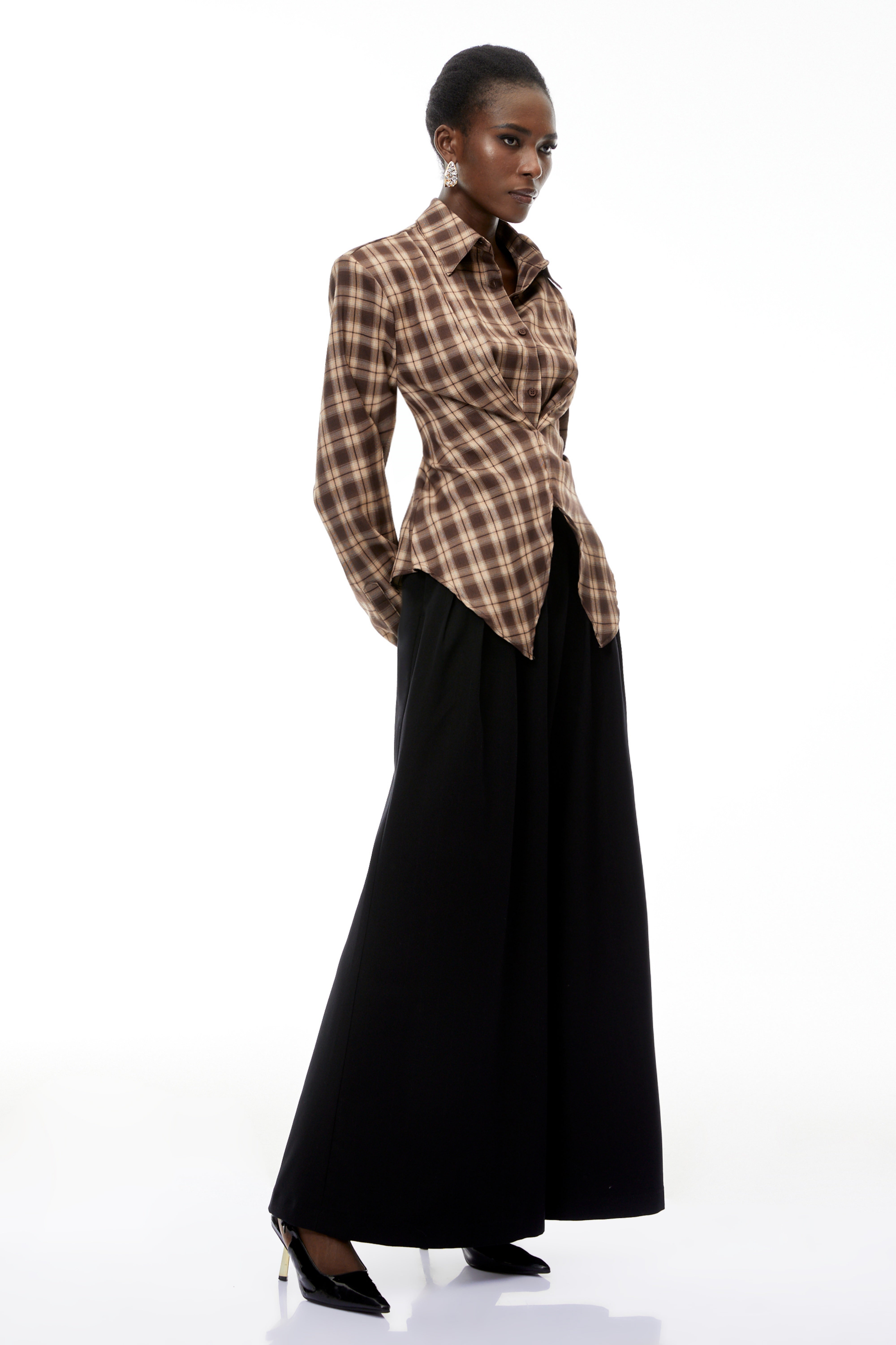 Amber Reddish-Brown Plaid Tailored Cutout Blouse