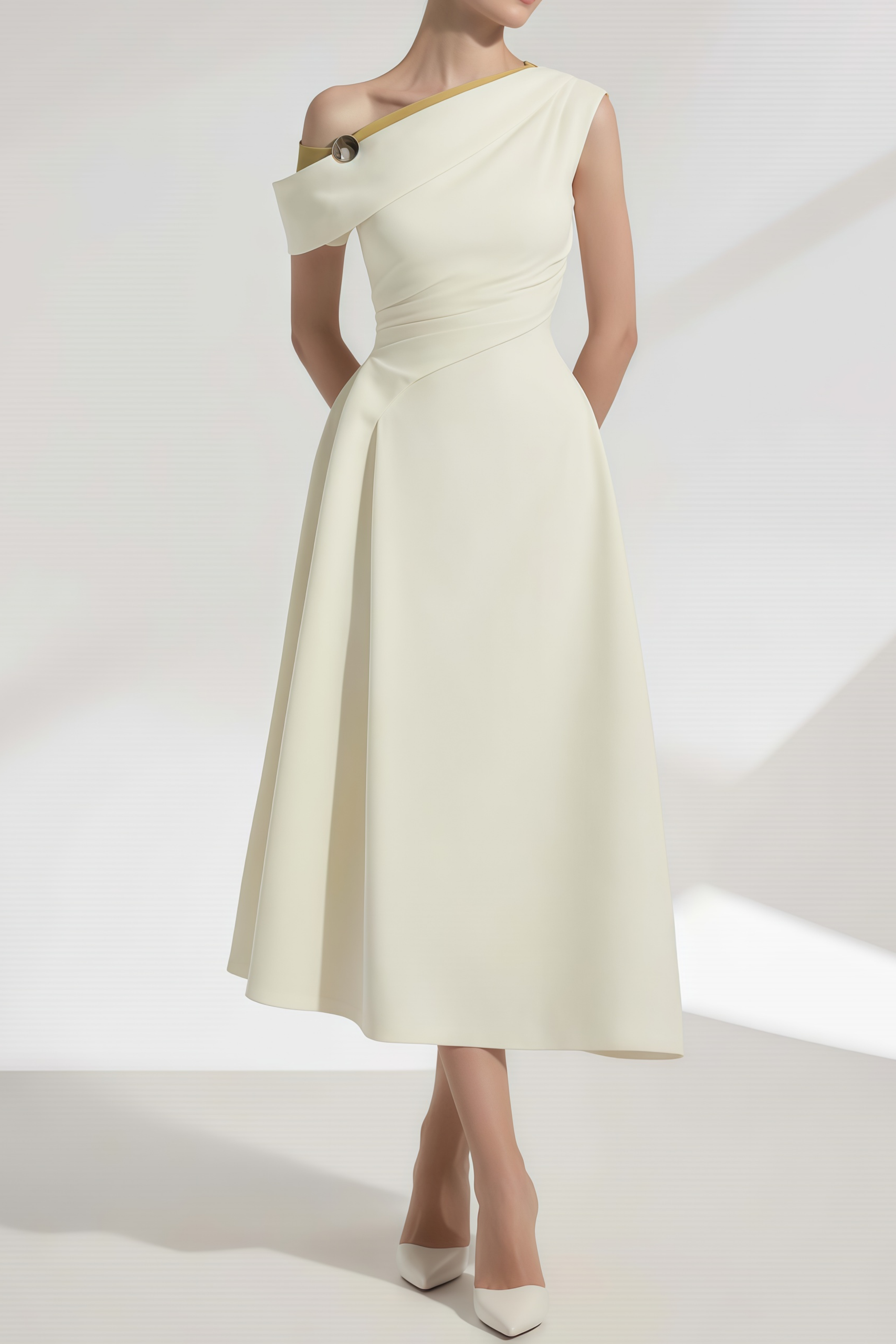 Blossom White One Shoulder Ruched Midi Dress