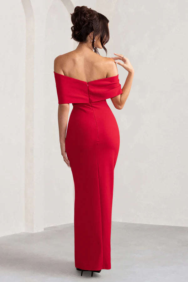 Eva | Bardot Bow Detail Maxi Dress With Thigh Split
