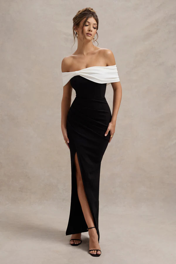 Eva | Bardot Bow Detail Maxi Dress With Thigh Split