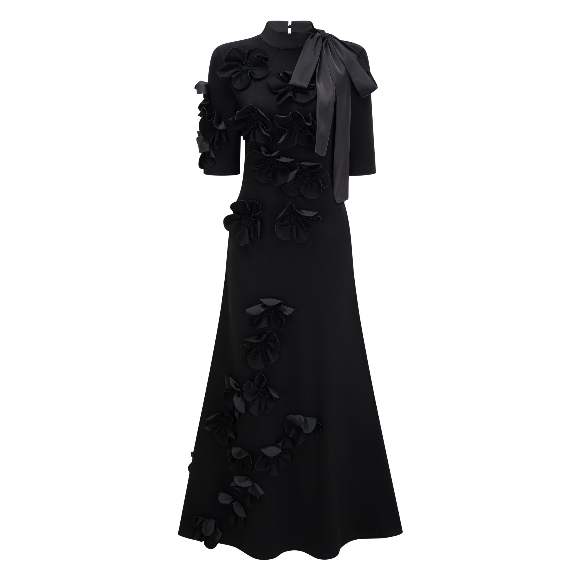 Isidora Black Bowknot Floral Appliqué Maxi Dress