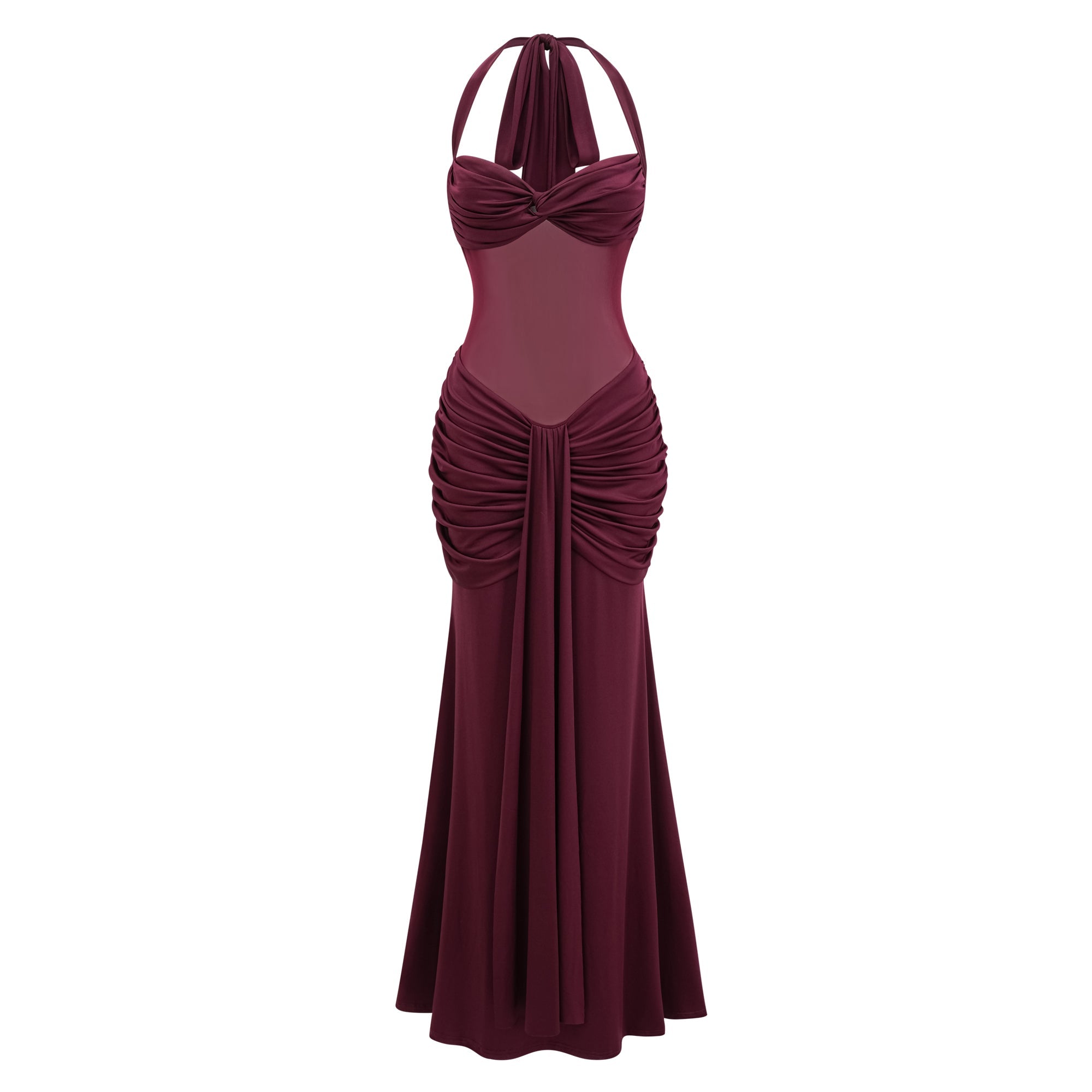 Amandine Burgundy Halterneck Gathered Maxi Dress