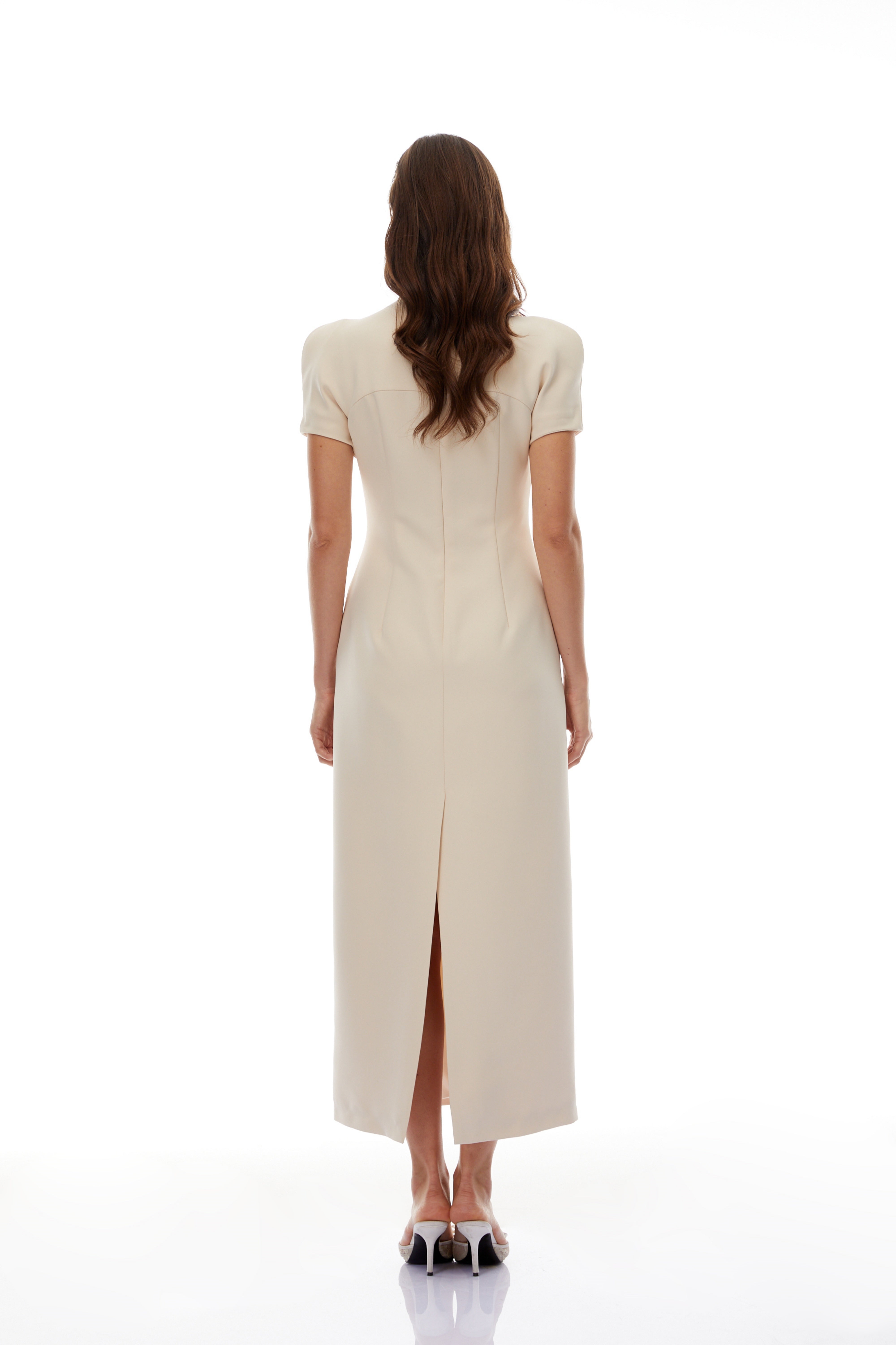 Quintella Neutral Floral Crystal Midi Dress