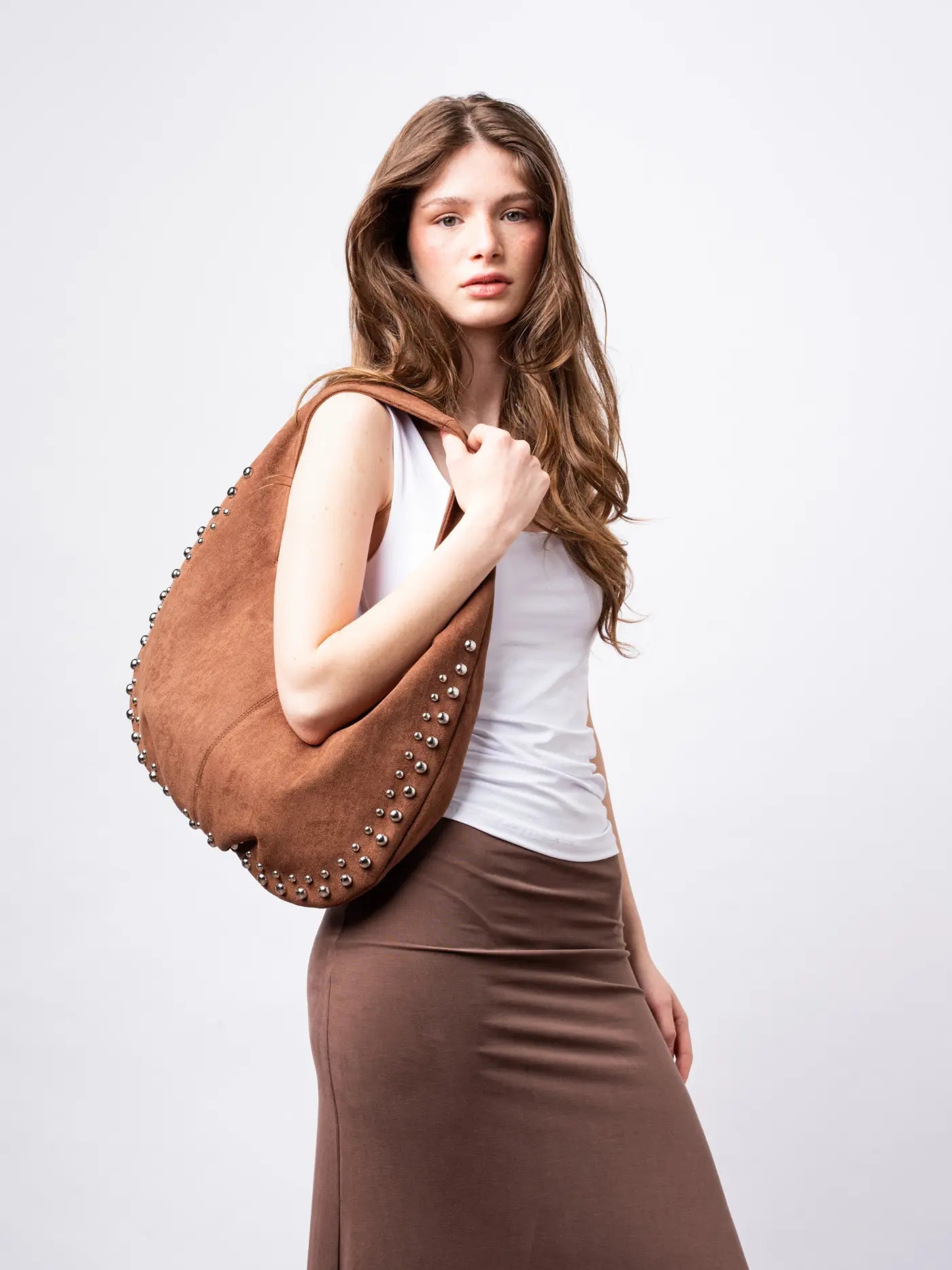 Studded Suede Shoulder Bag