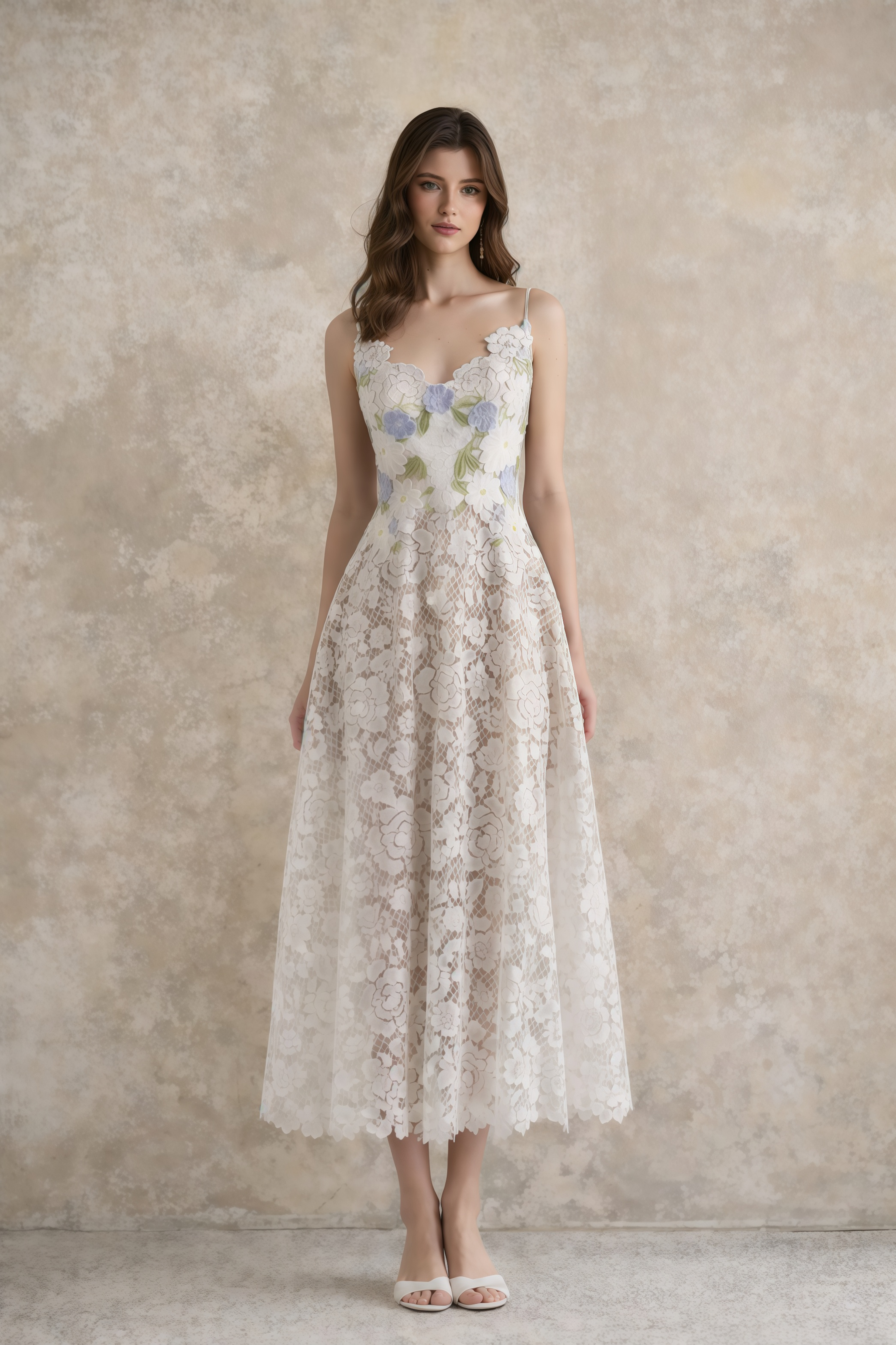 Solea White Floral Embroidered Lace Midi Dress
