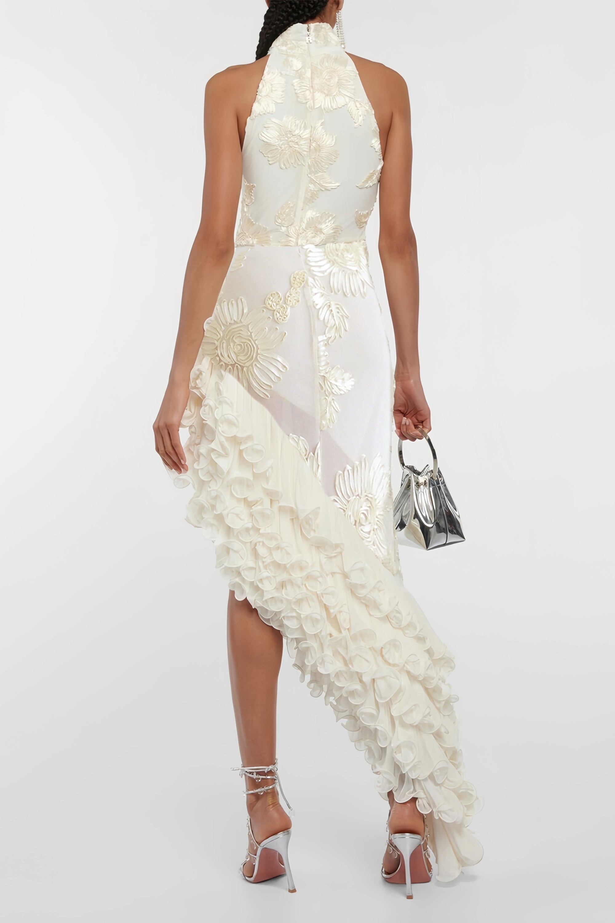 Théoline Neutral Asymmetrical Ruffled Floral Midi Dress