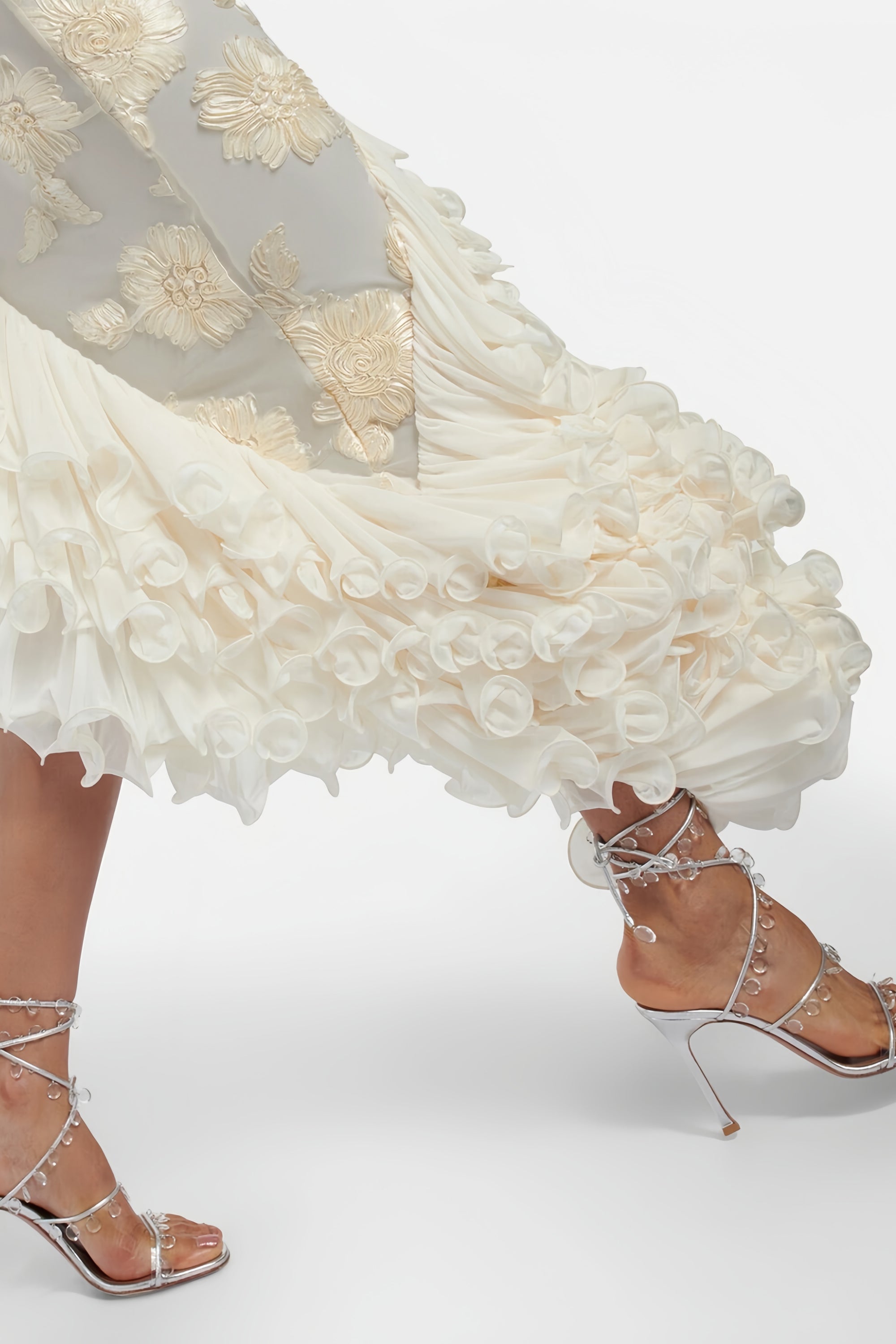 Théoline Neutral Asymmetrical Ruffled Floral Midi Dress