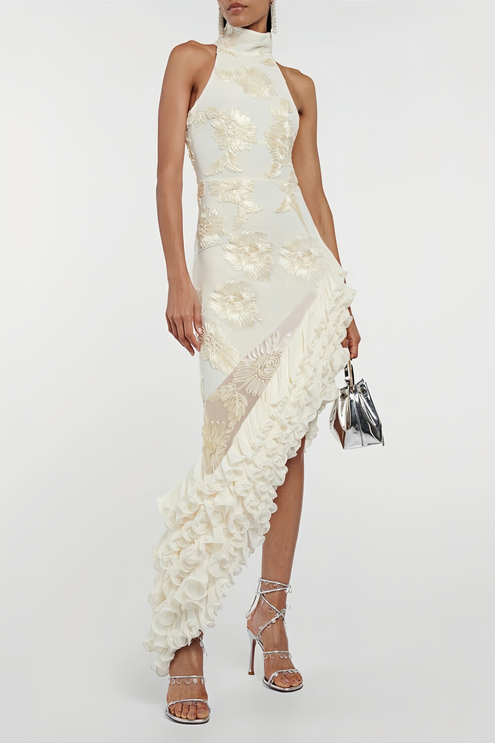 Théoline Neutral Asymmetrical Ruffled Floral Midi Dress