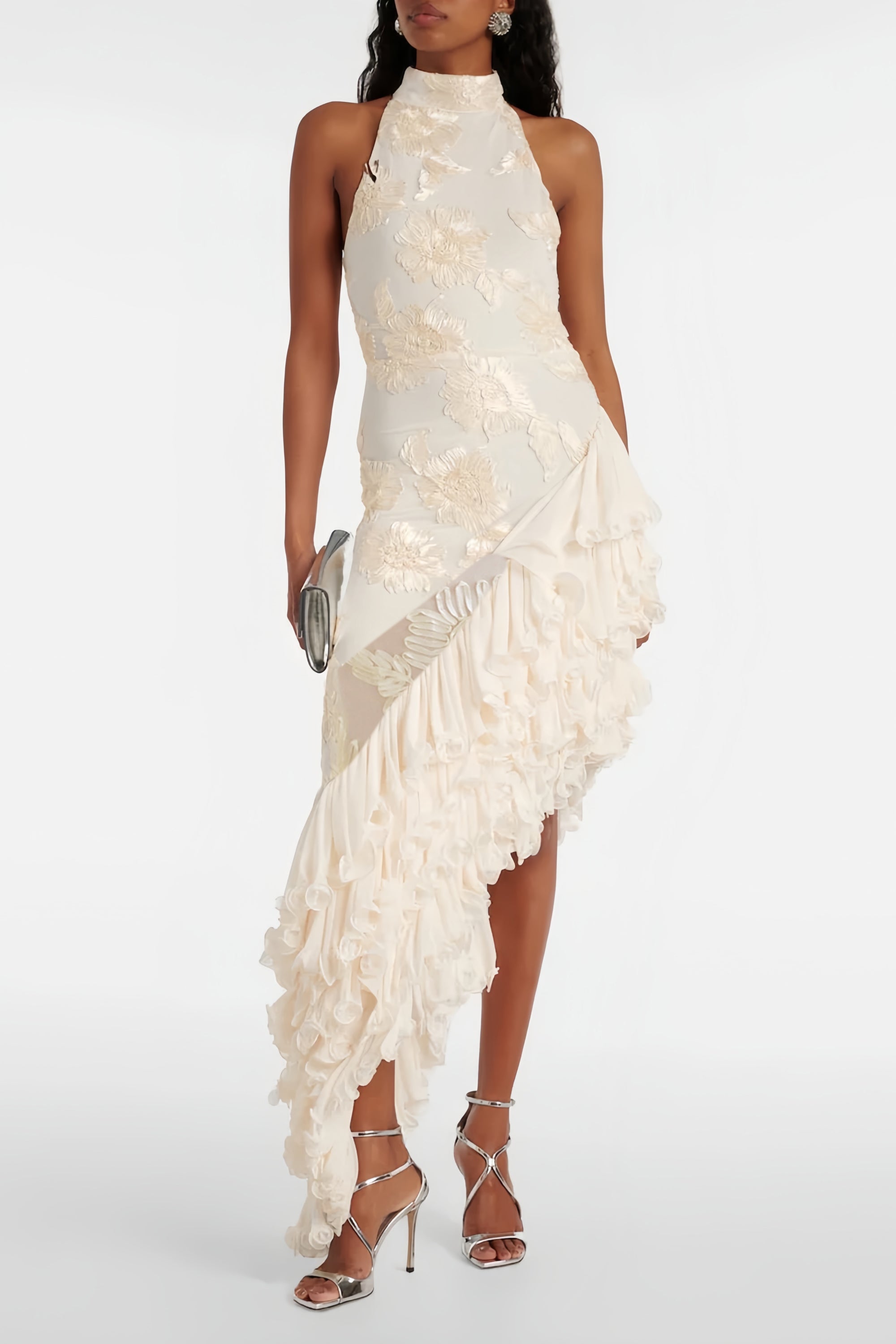 Théoline Neutral Asymmetrical Ruffled Floral Midi Dress