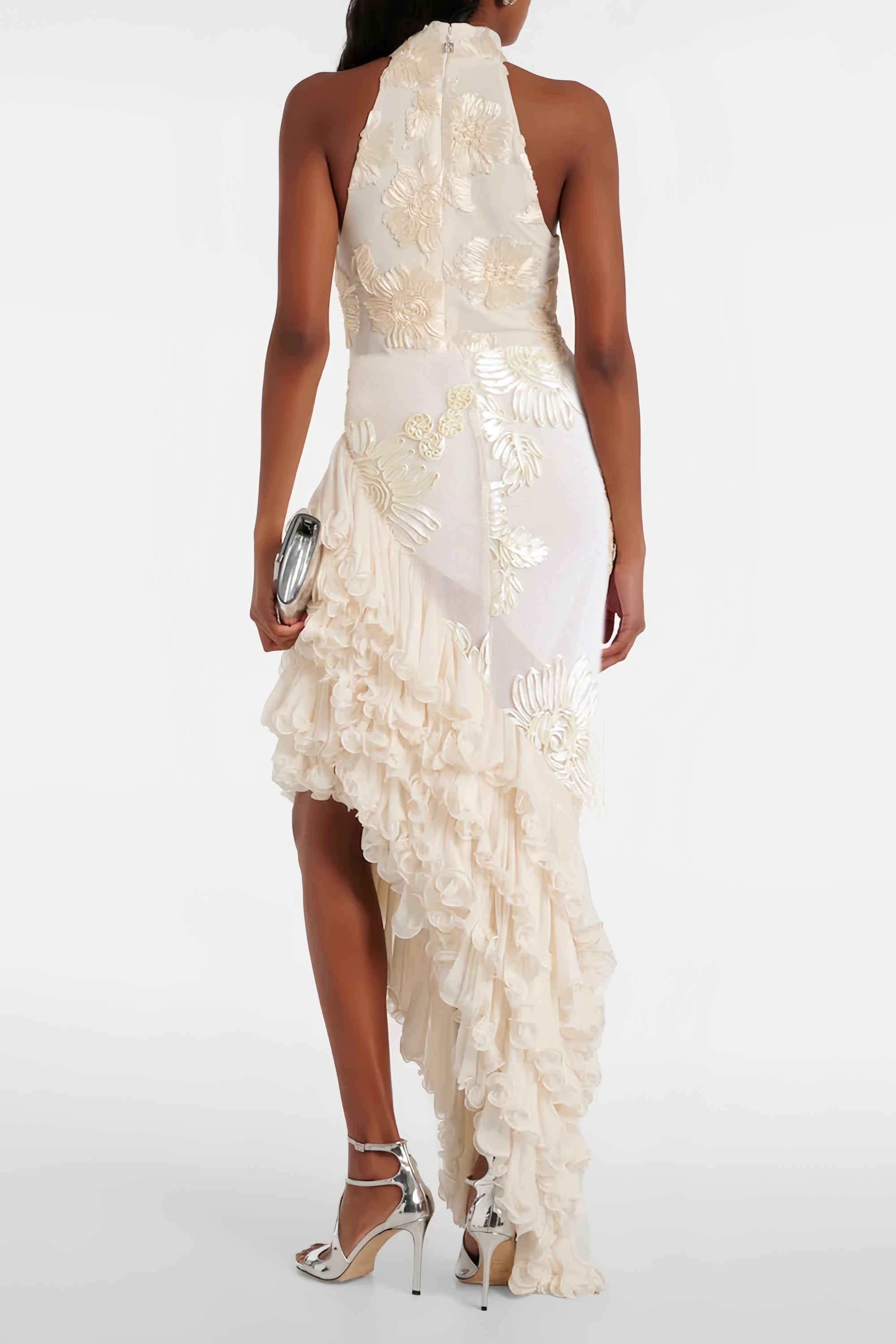 Théoline Neutral Asymmetrical Ruffled Floral Midi Dress