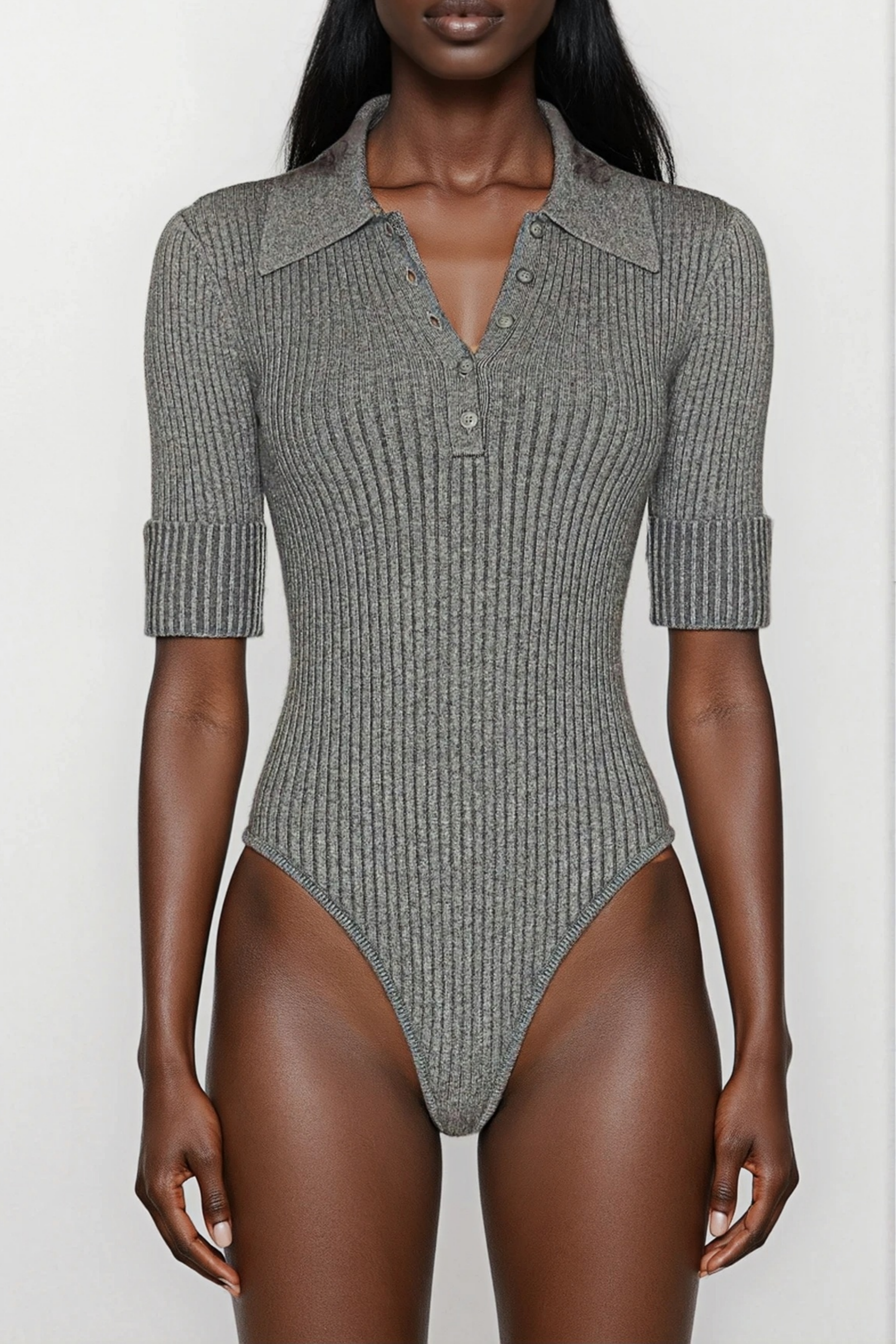 Claire Grey Ribbed Knit Bodysuit & Trousers Set