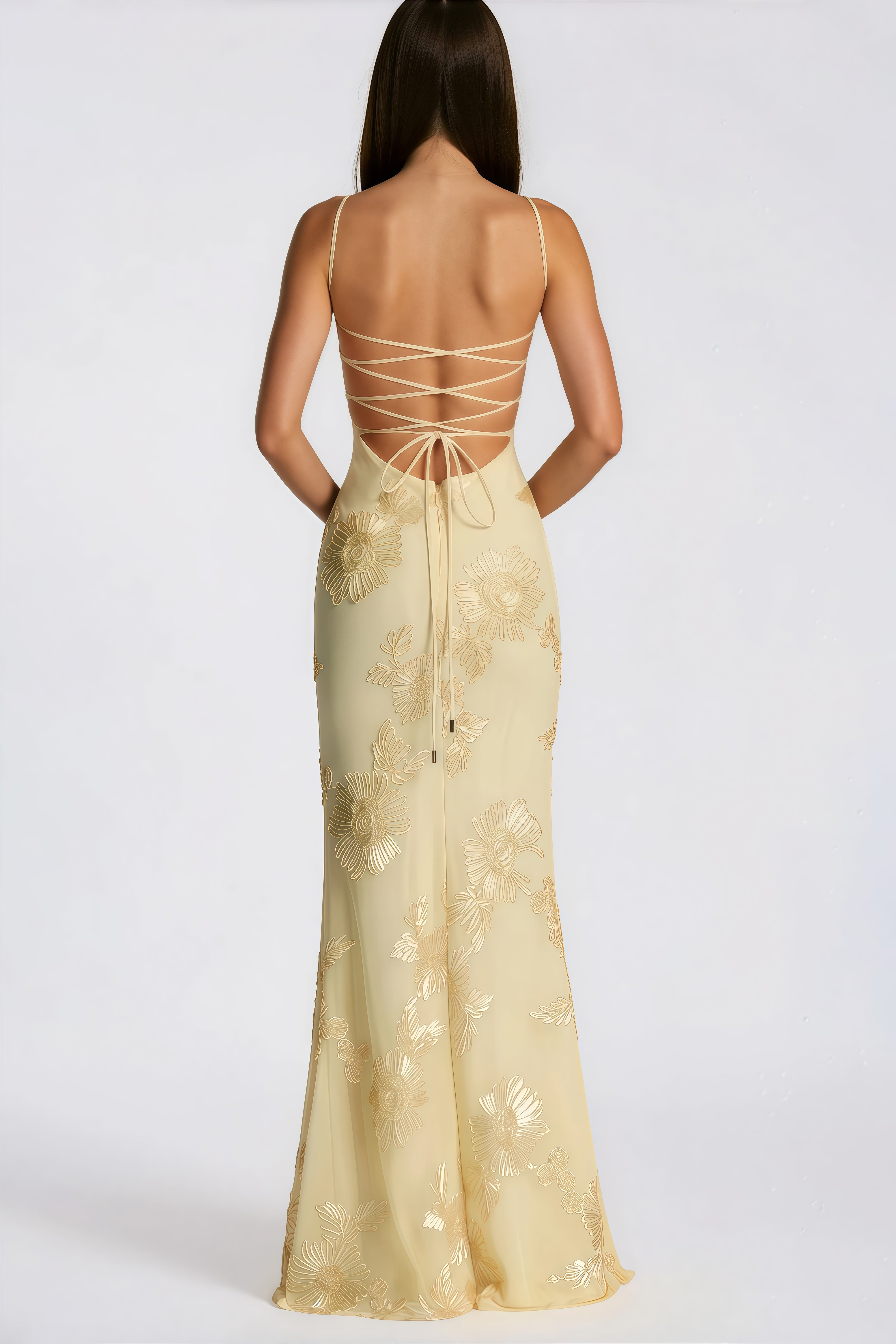 Théoline Yellow Floral Appliqué Corset Maxi Dress