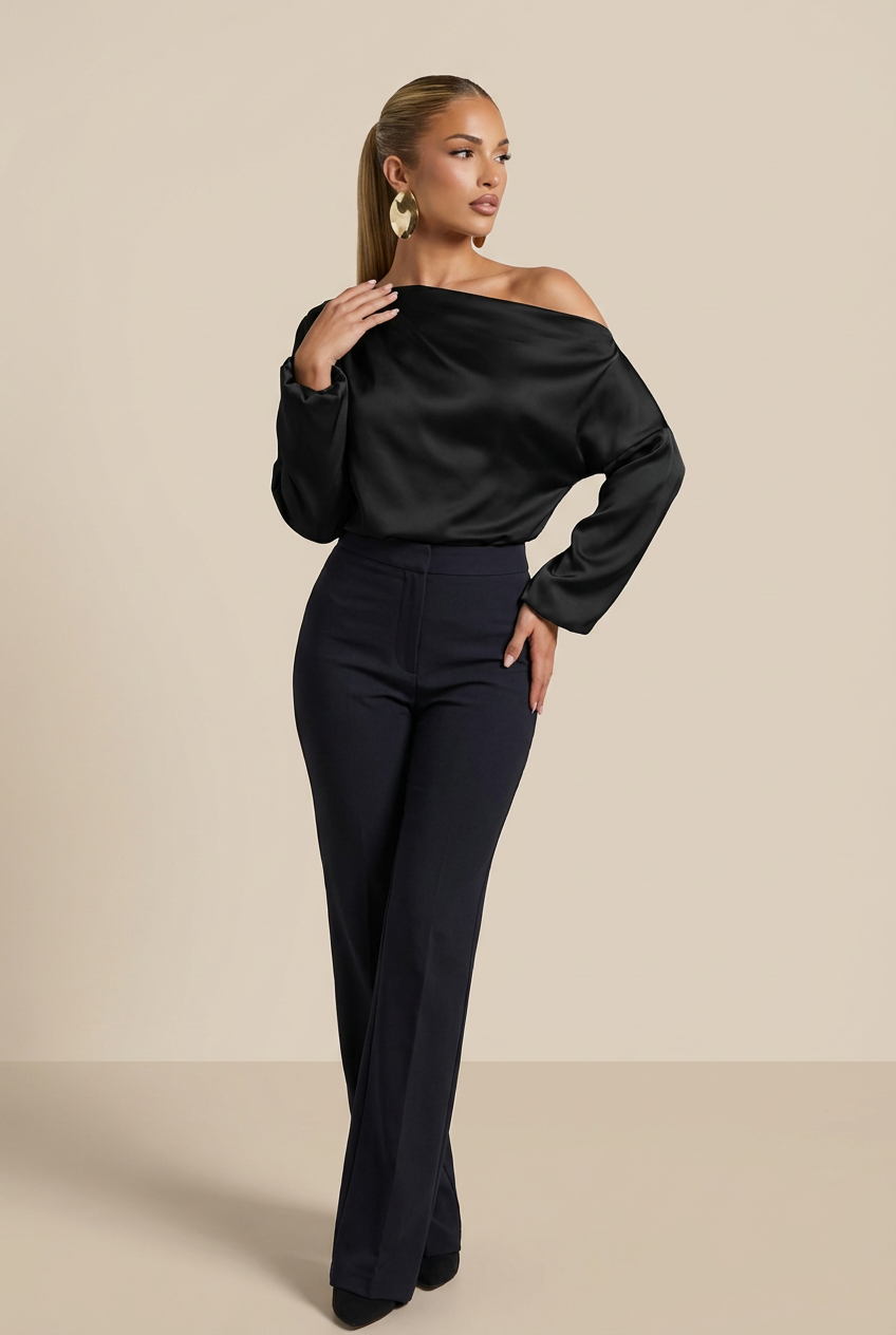 Women's Elegant Draped Skew Neck Long Sleeve Solid Satin Blouse