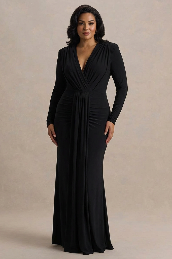 Flashy | Plunge-Neck Maxi Dress With Ruched Detailing