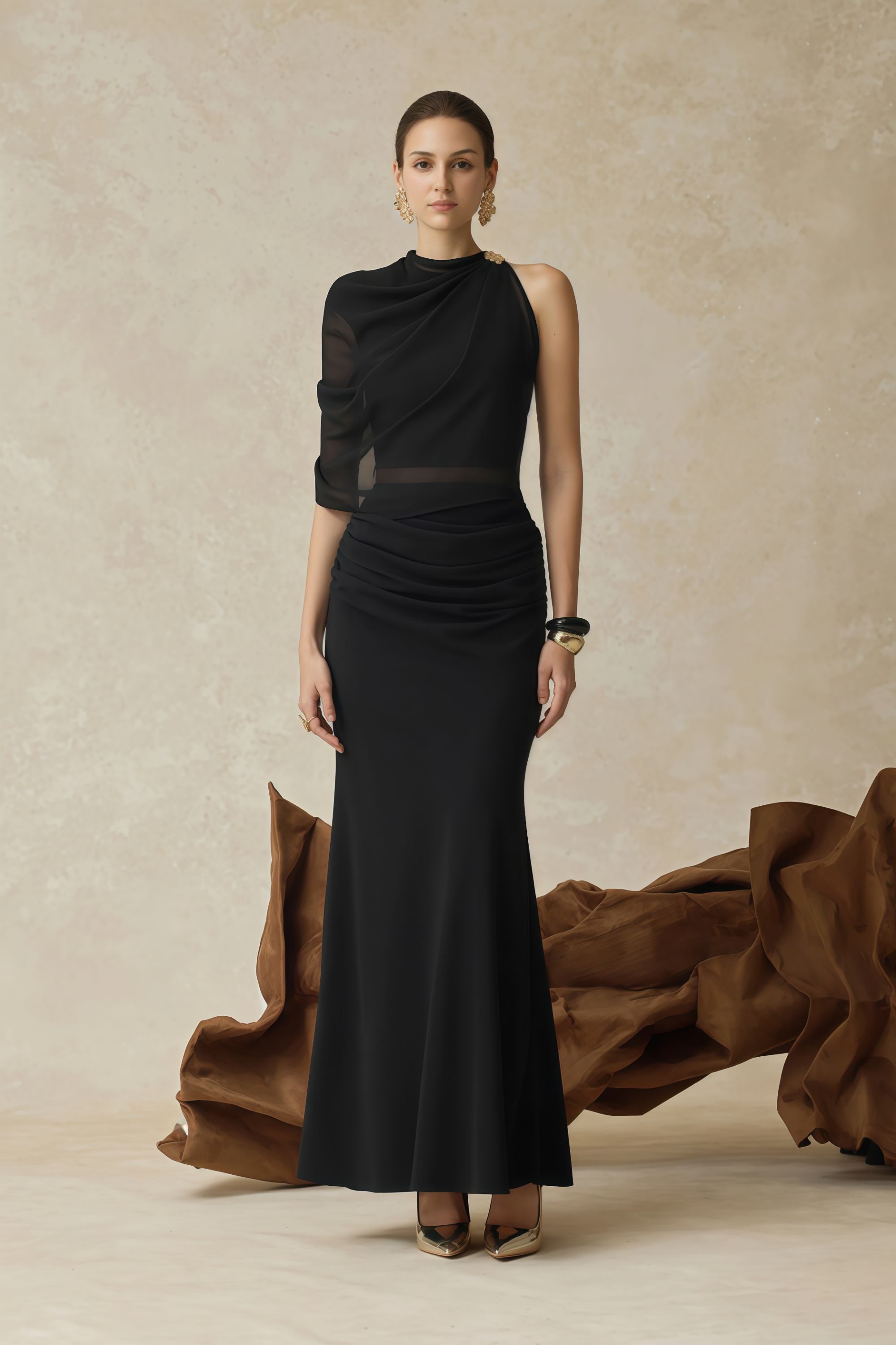 Calypso Black Asymmetrical Ruched Top & Skirt Set
