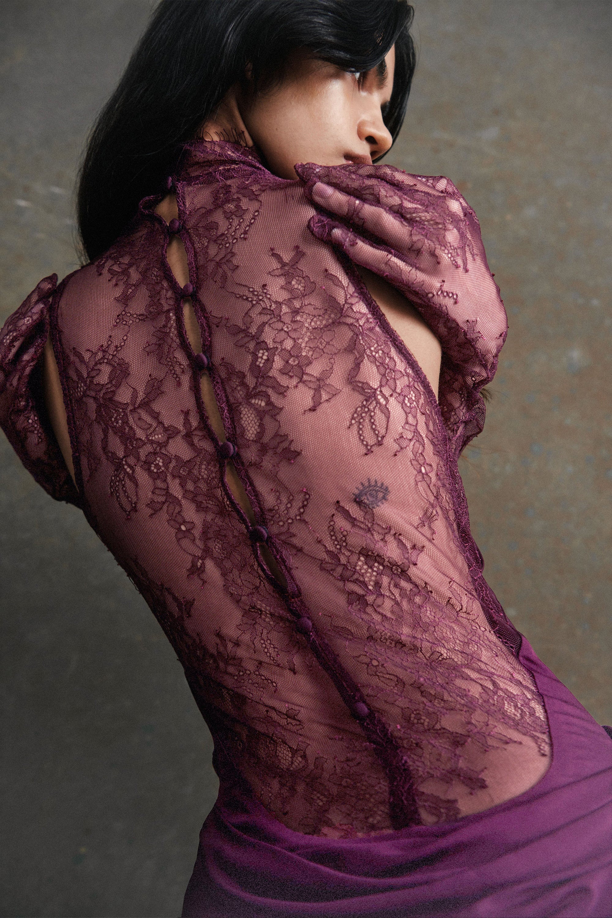 Borbála Magenta Lace Bodice Ruched Maxi Dress