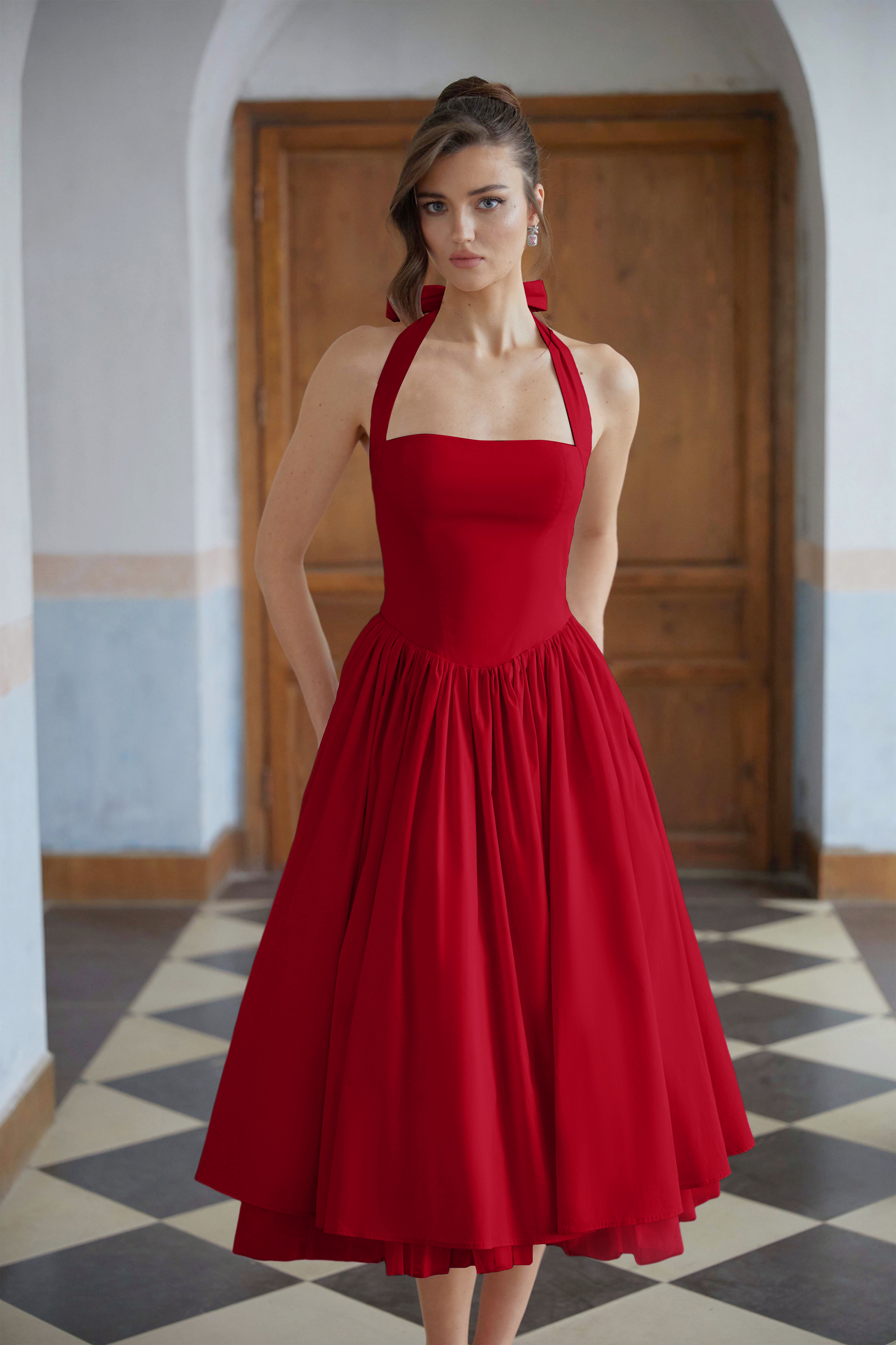 Eponine Red Layered Flared Hem Midi Dress