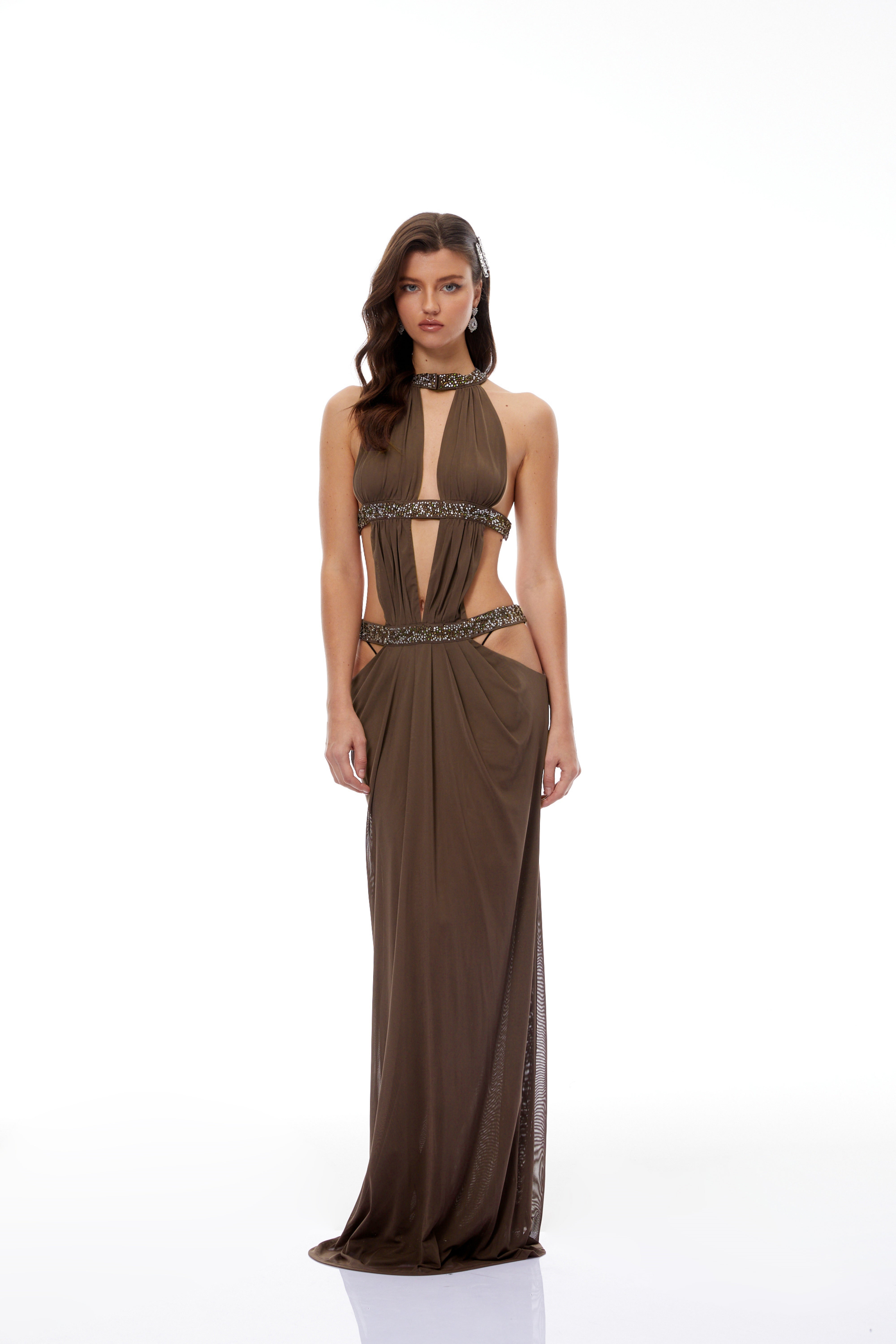 Maëlle Brown Cut-out Ruched Maxi Dress