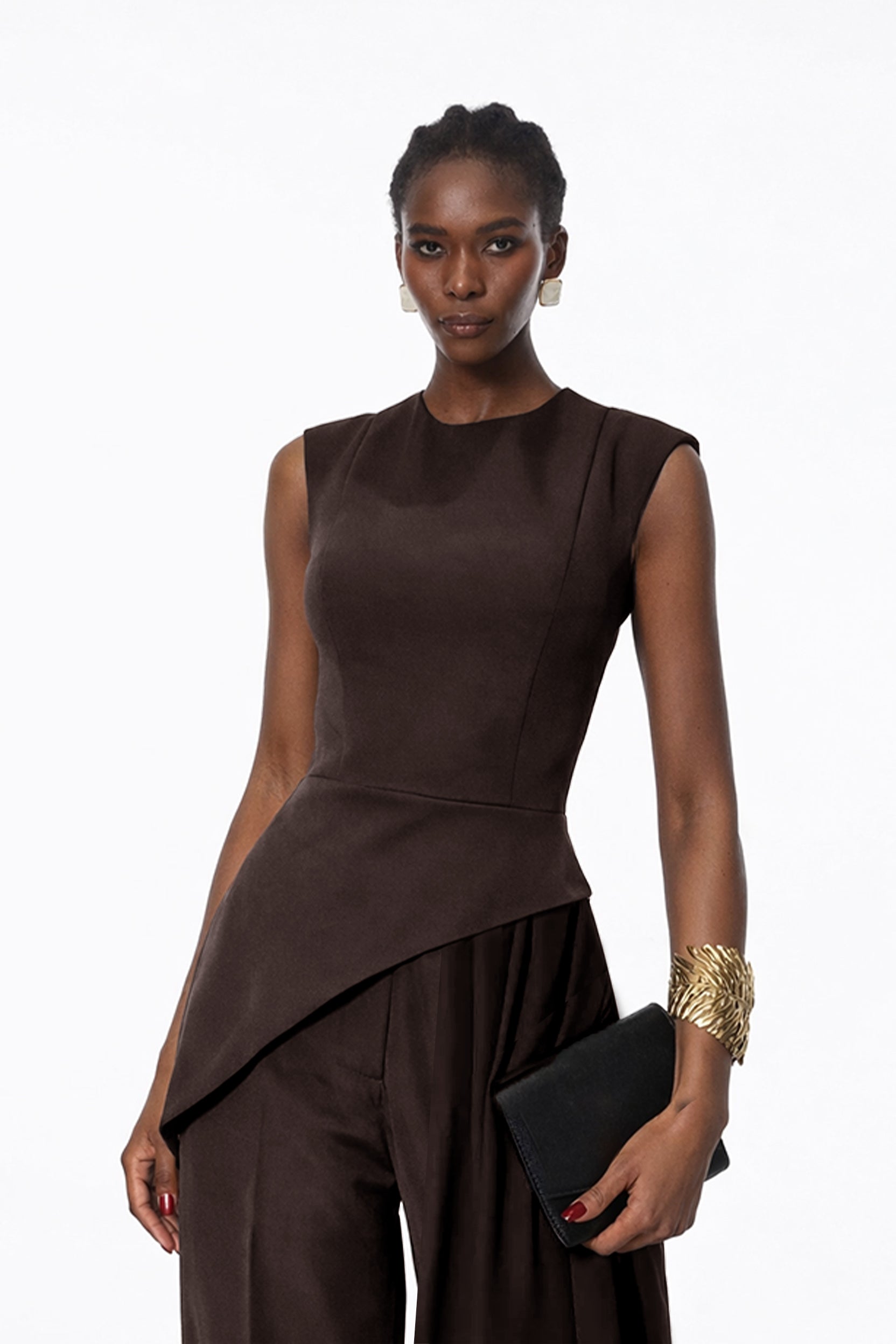 Margaux Brown Asymmetrical Top & Trousers Set