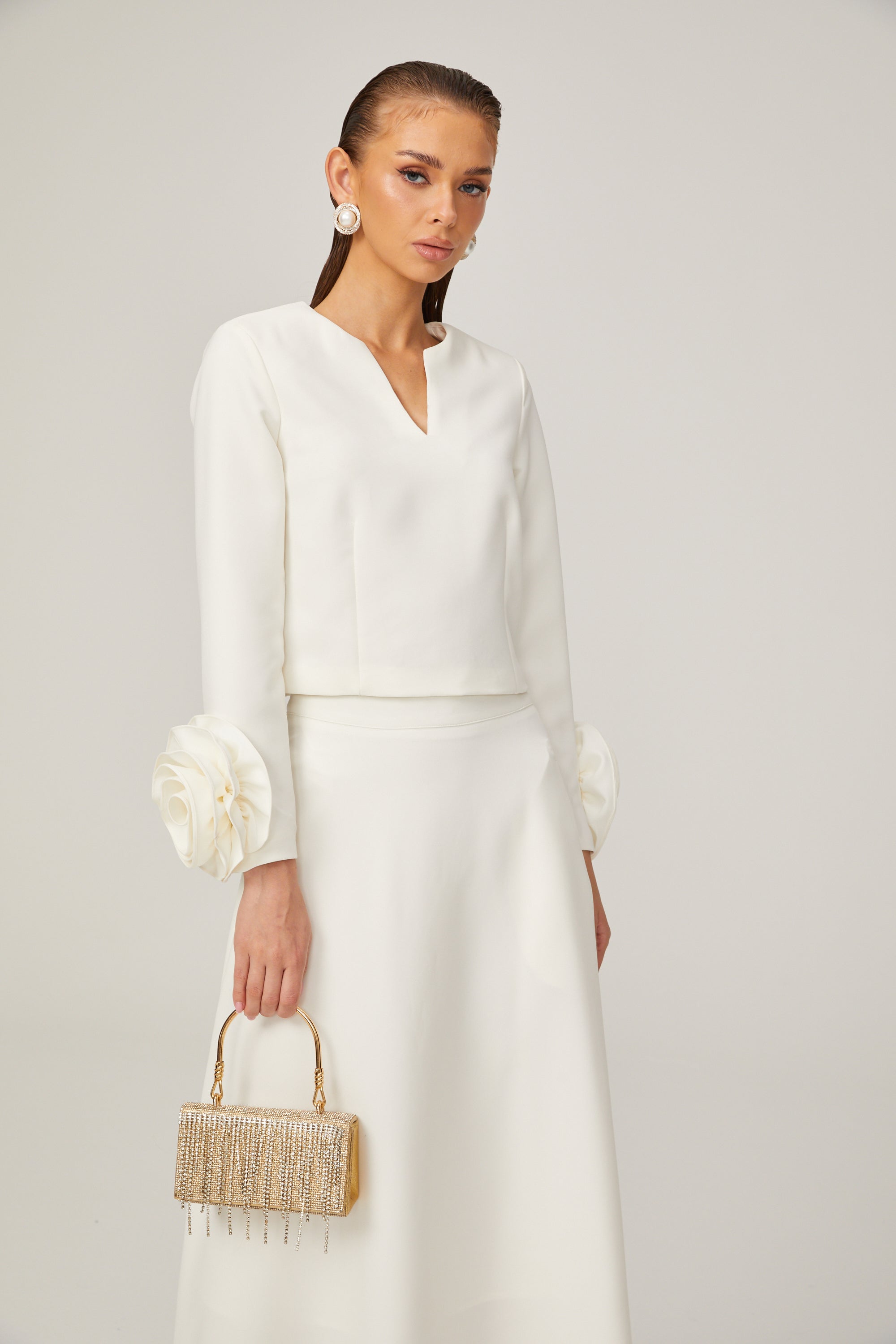 Hilaire white 3d-petal top & skirt matching set