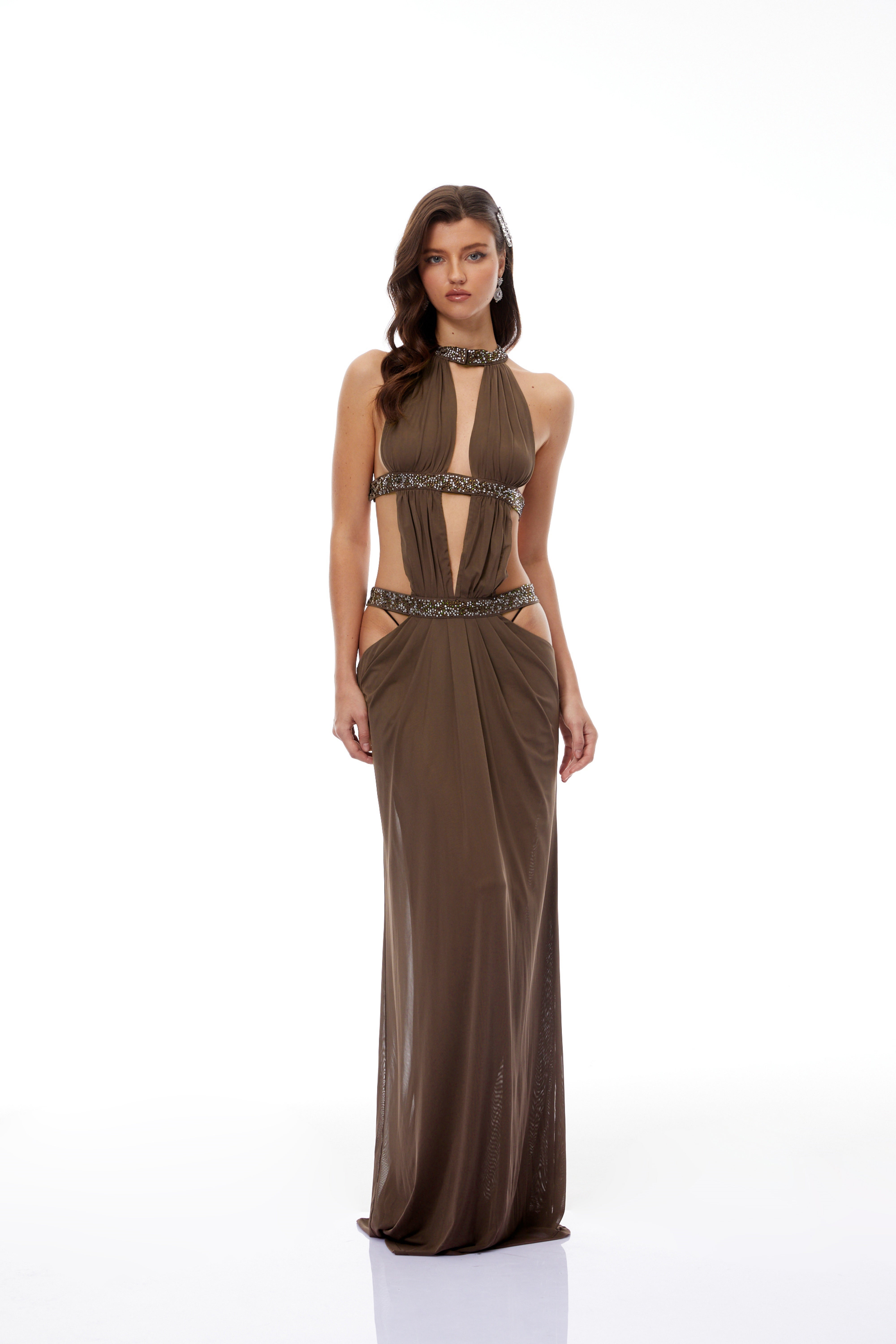 Maëlle Brown Cut-out Ruched Maxi Dress