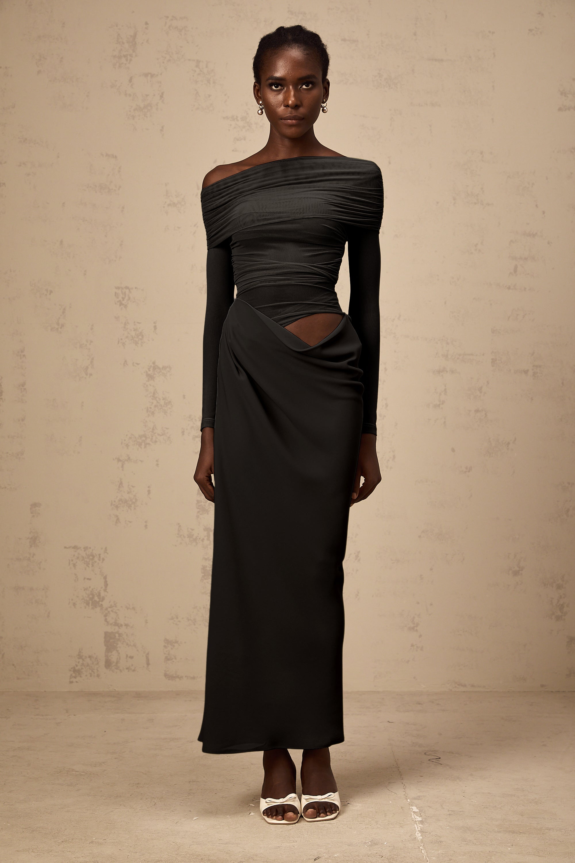 Estelle off-shoulder semi-sheer midi dress in Black