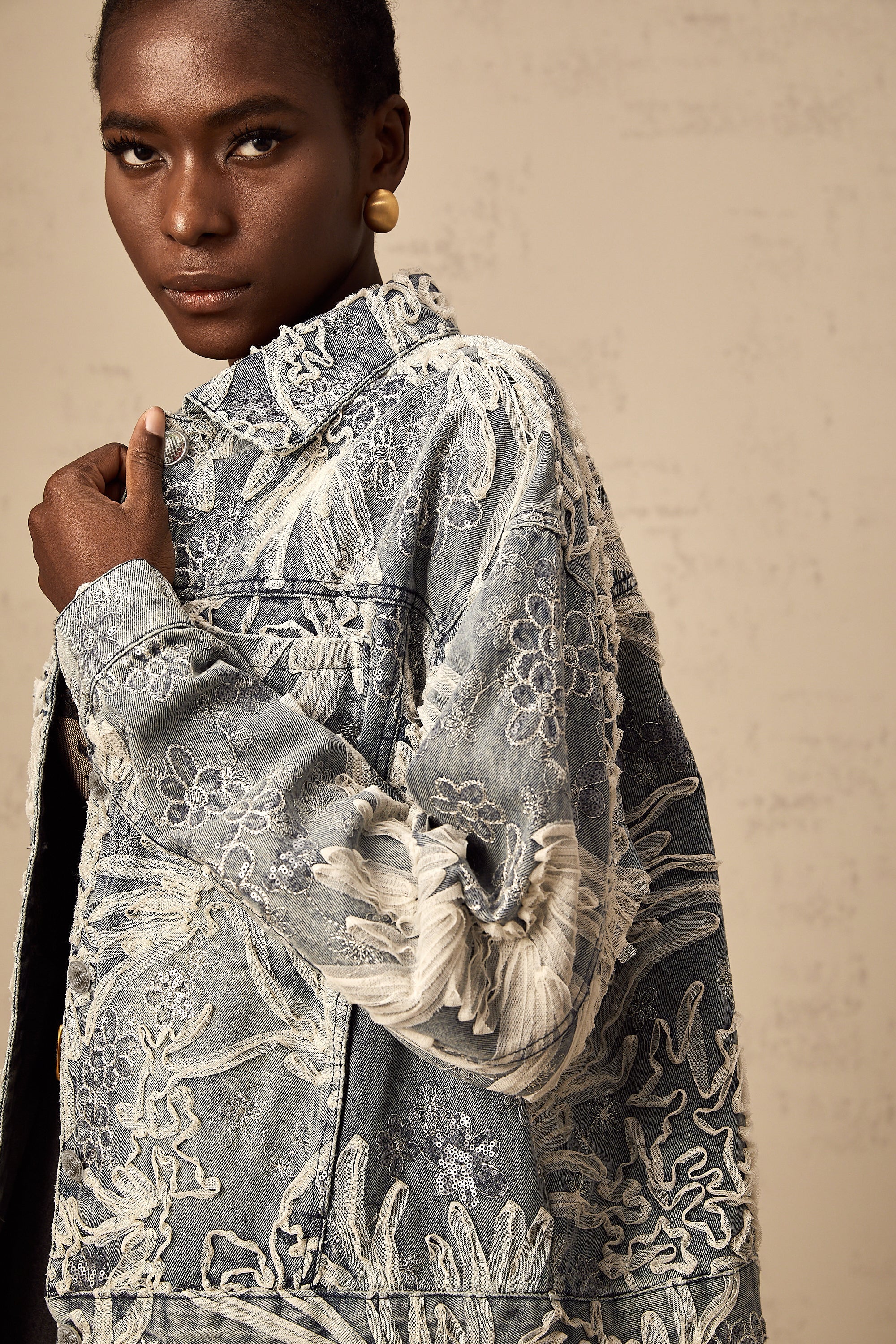 Mailys blue sequined flower-embroidered denim jacket