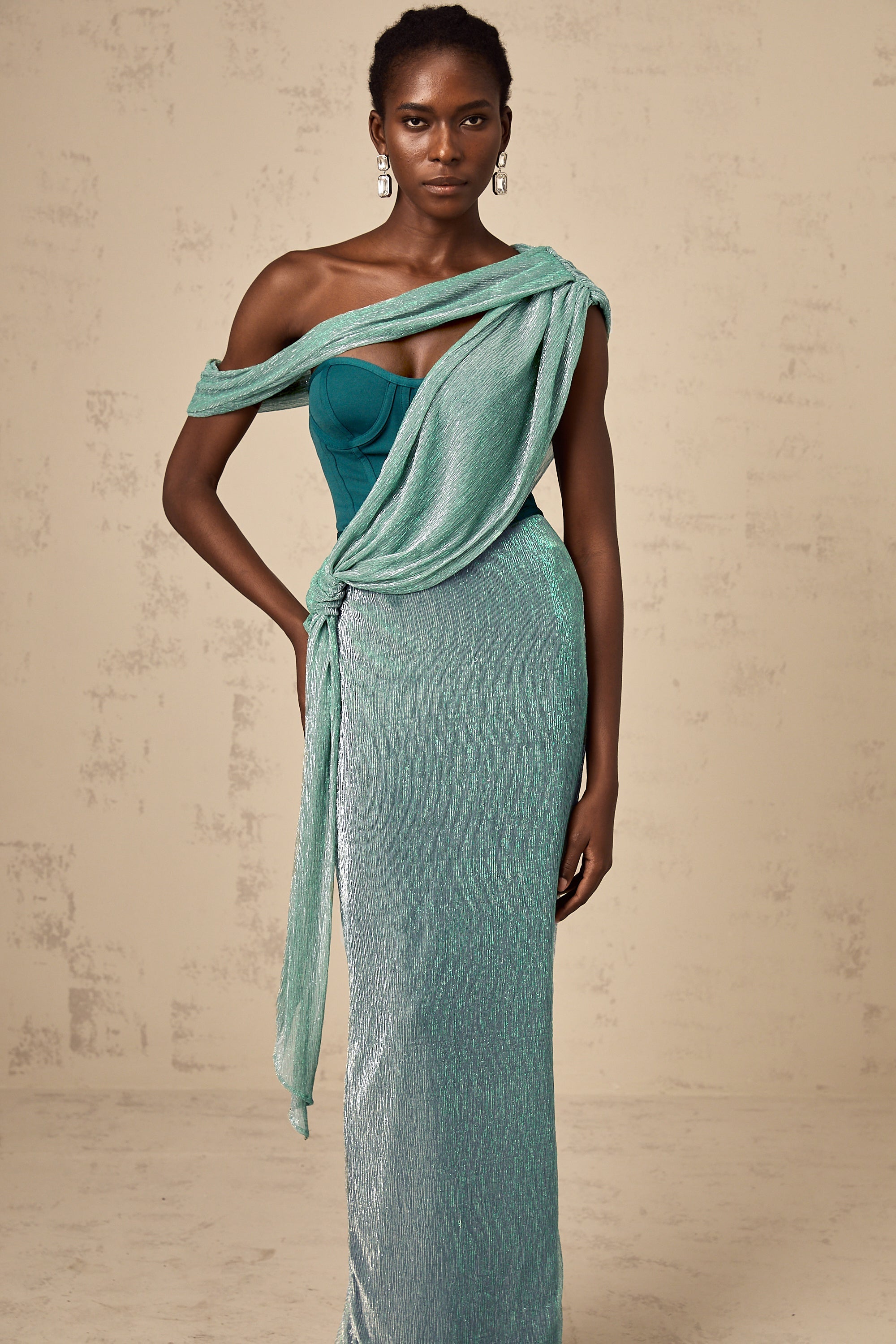 Delphine ribbon-design corset maxi dress in Green